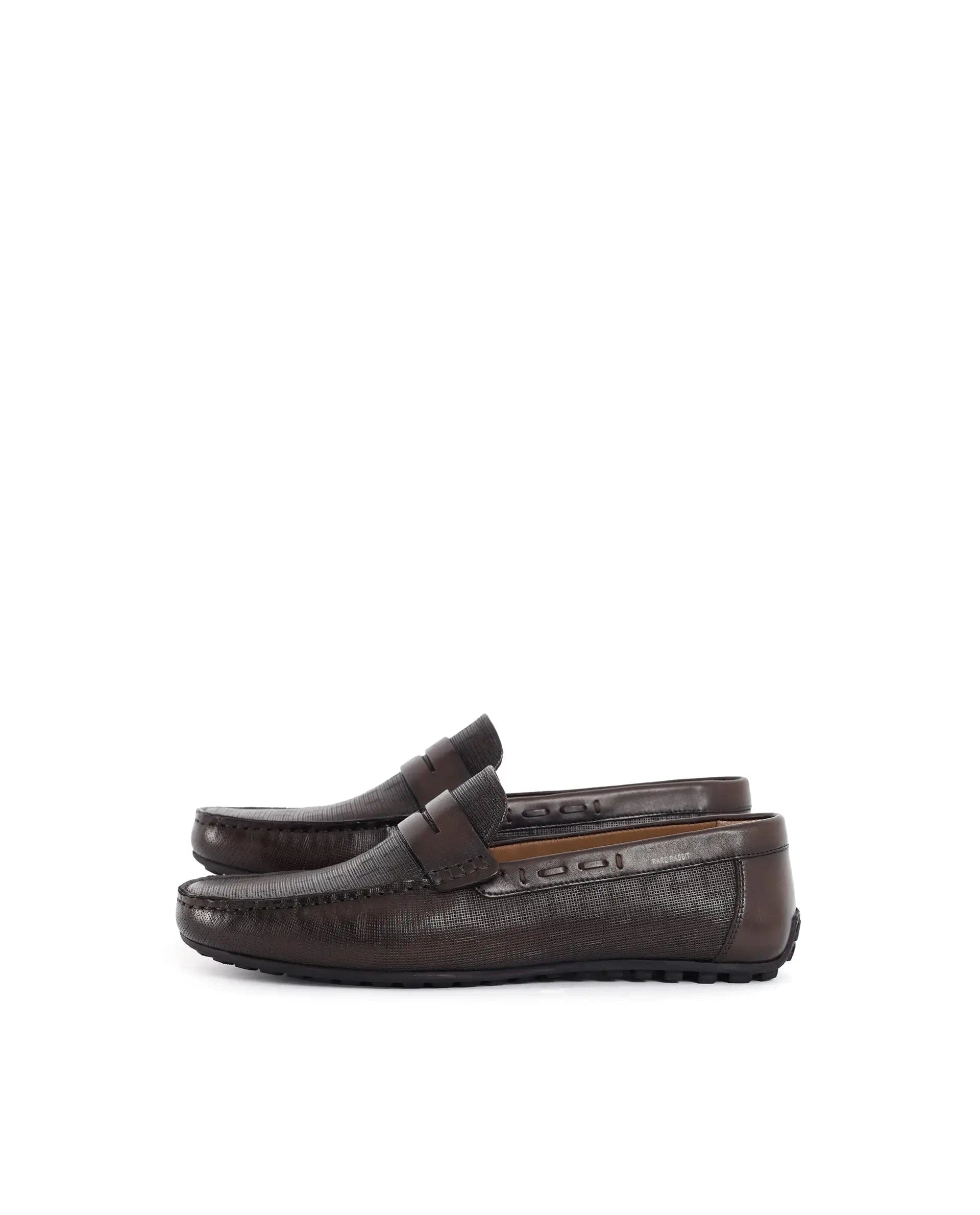 RAREZ Rare Rabbit Men's Saffian Brown Slip - On Textured Genuine Leather Driver Moccasin