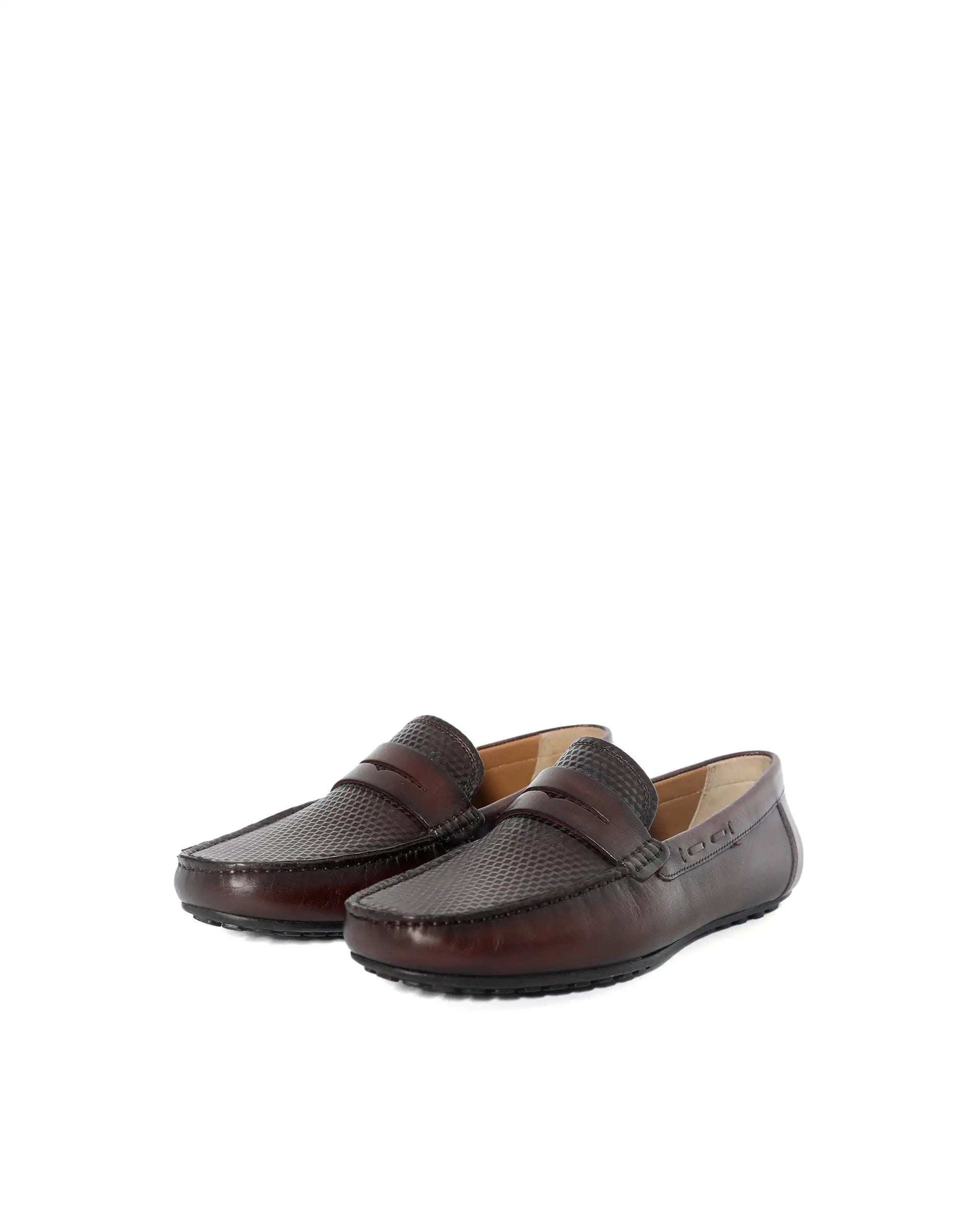 RAREZ Rare Rabbit Men's Honey Burgundy Slip - On 3D Plated Genuine Leather Driver Moccasin