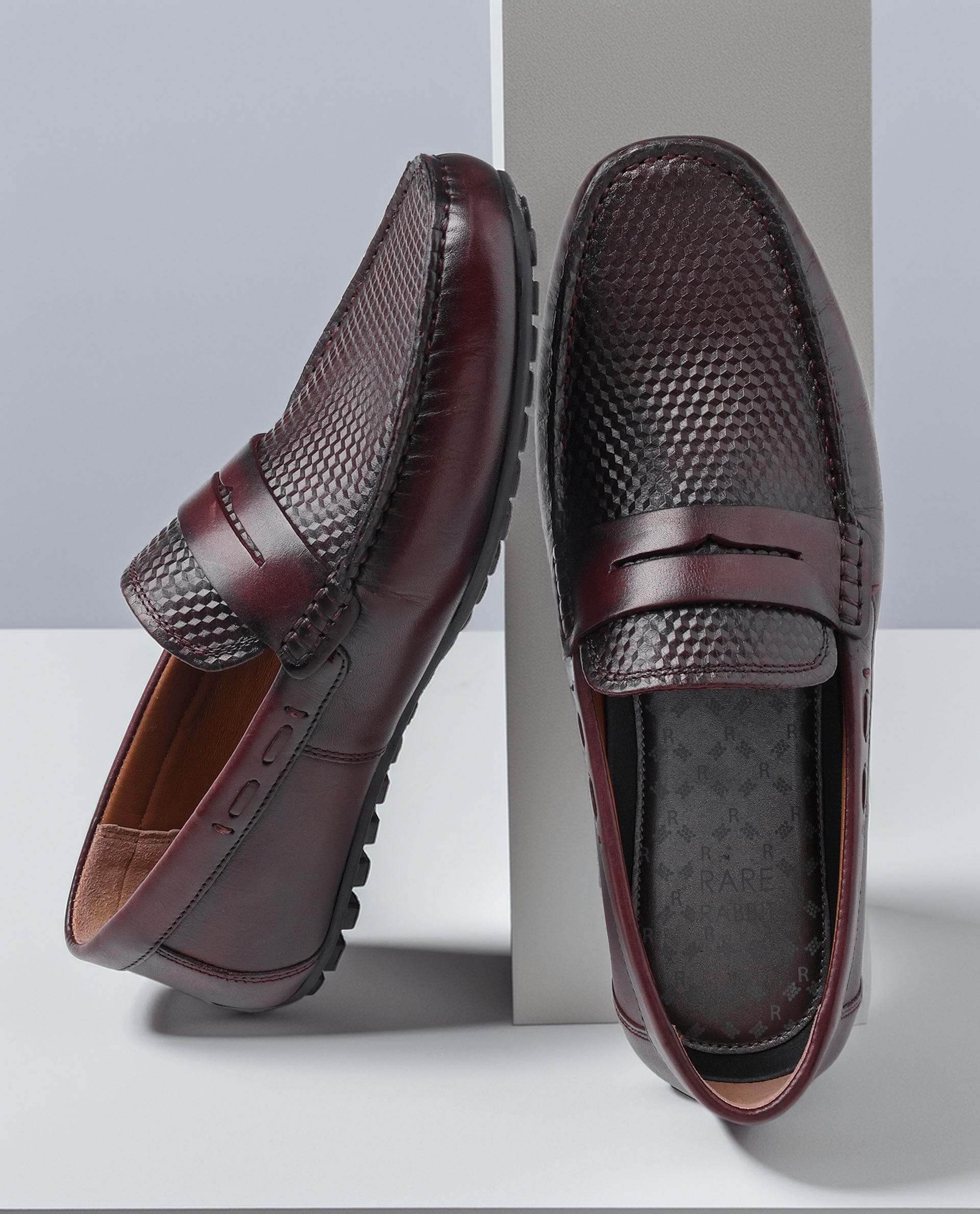 RAREZ Rare Rabbit Men's Honey Burgundy Slip - On 3D Plated Genuine Leather Driver Moccasin