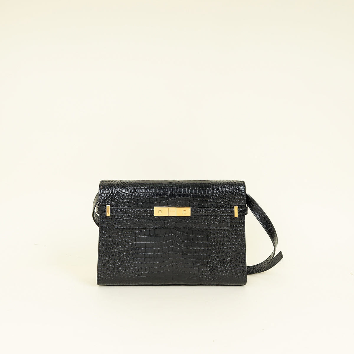 YSL Black Croco Embossed Manhattan Medium Shoulder Bag