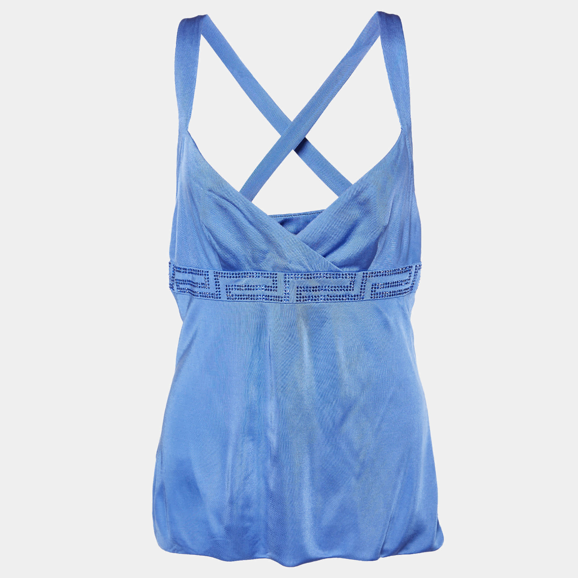 Blue Jersey Crystal Greca Embellished Tank Top
