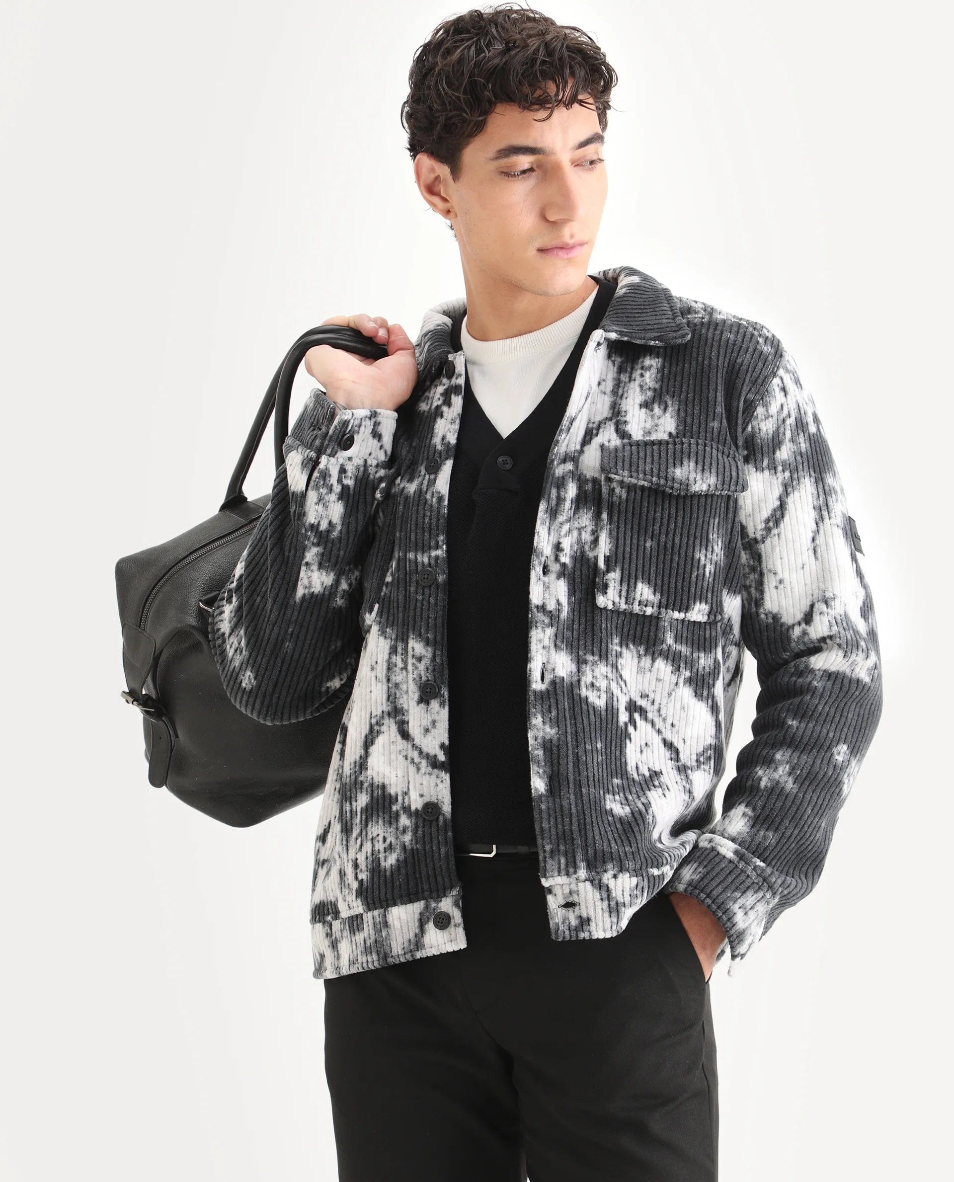 RARE Rabbit Men's Saurv Black Polyester Printed Regular Fit Full Sleeve Spread Collar Jacket