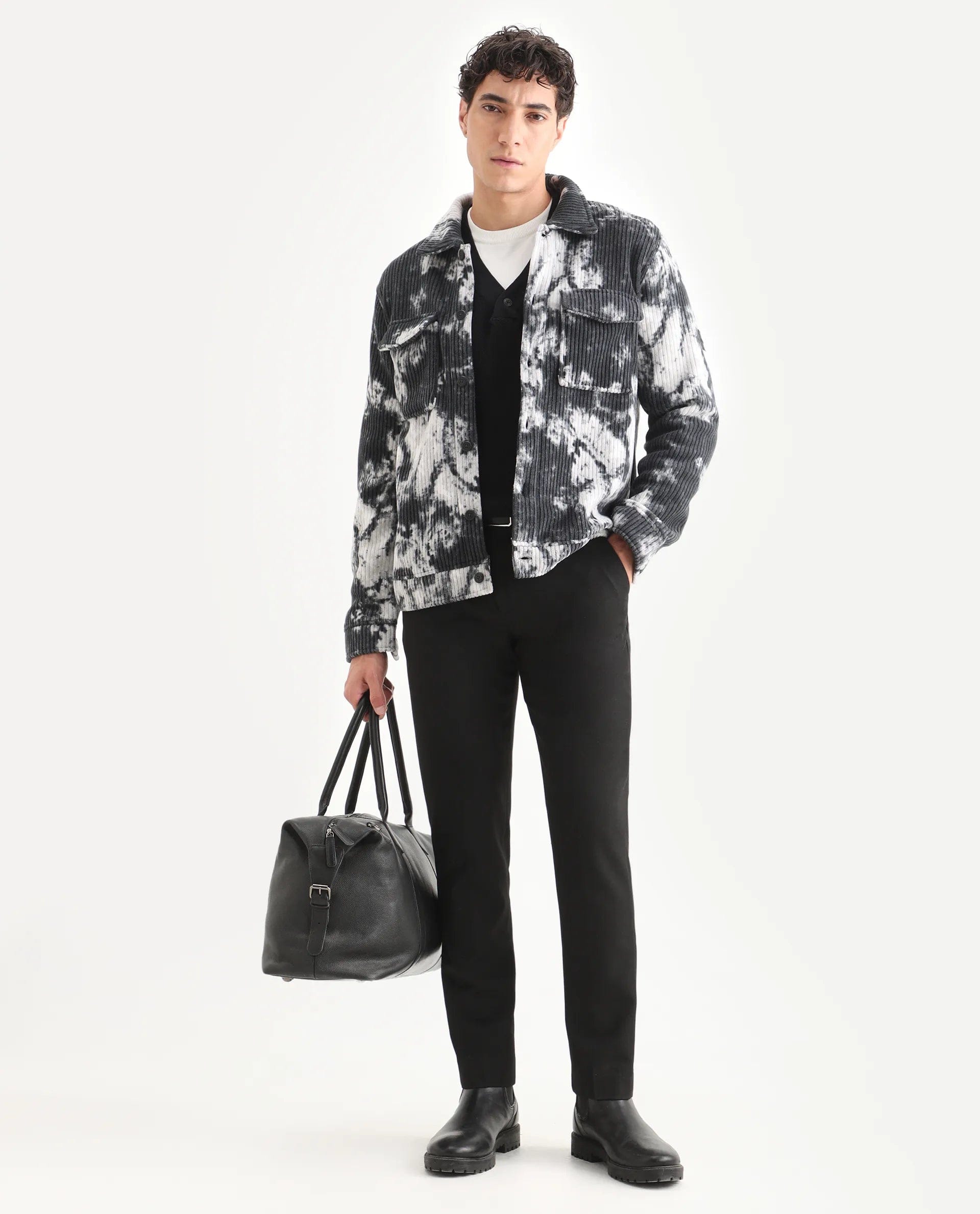 RARE Rabbit Men's Saurv Black Polyester Printed Regular Fit Full Sleeve Spread Collar Jacket