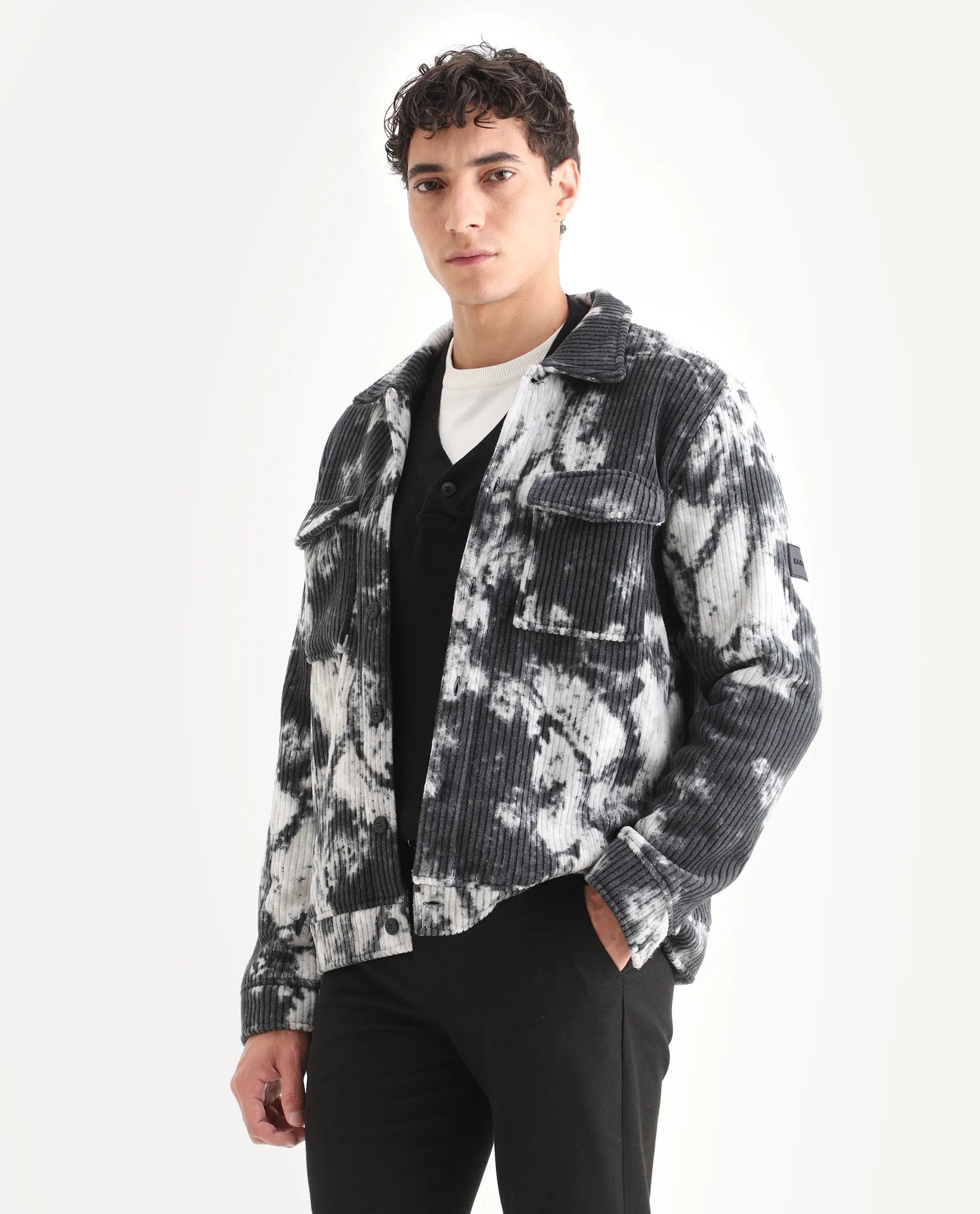 RARE Rabbit Men's Saurv Black Polyester Printed Regular Fit Full Sleeve Spread Collar Jacket