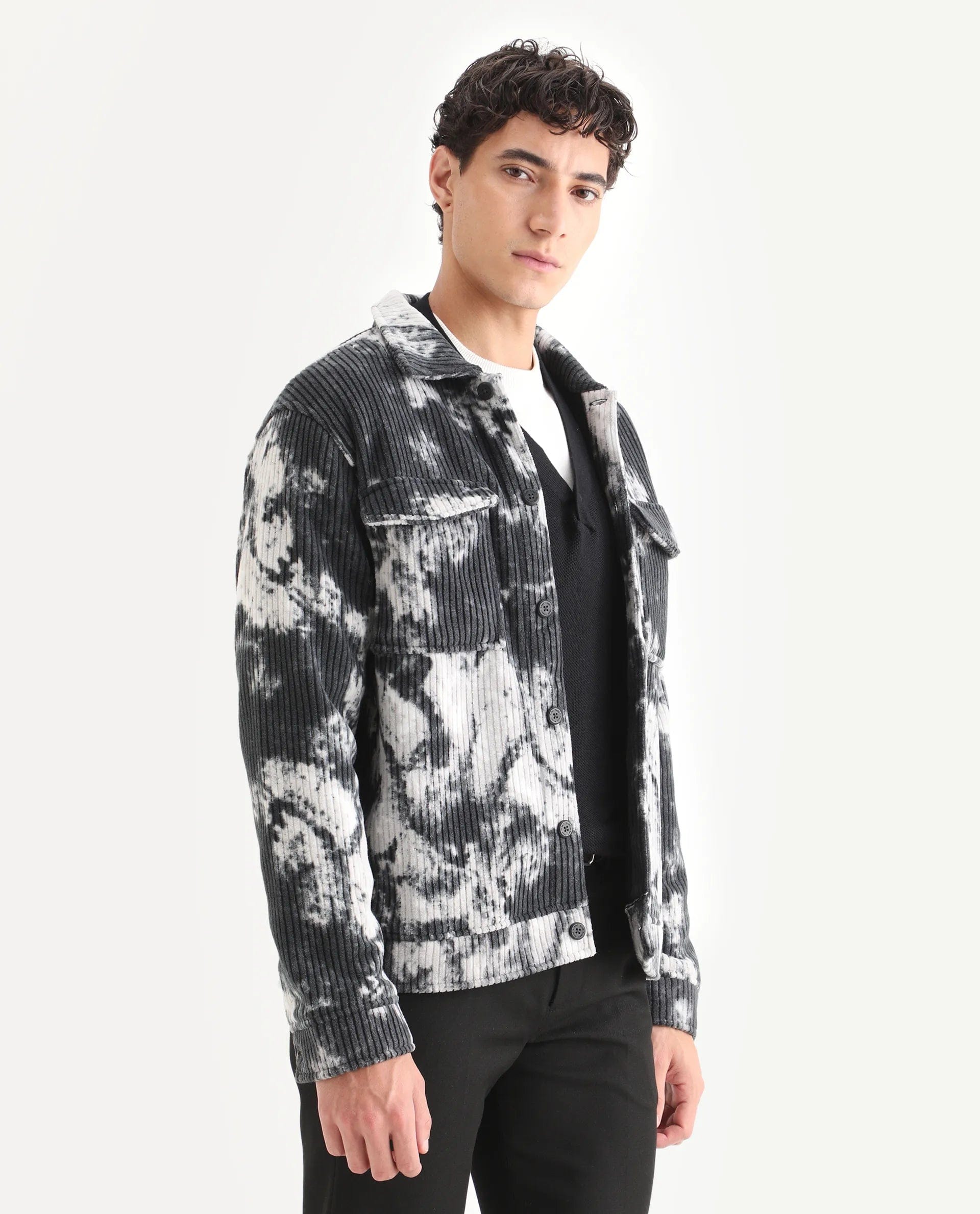 RARE Rabbit Men's Saurv Black Polyester Printed Regular Fit Full Sleeve Spread Collar Jacket
