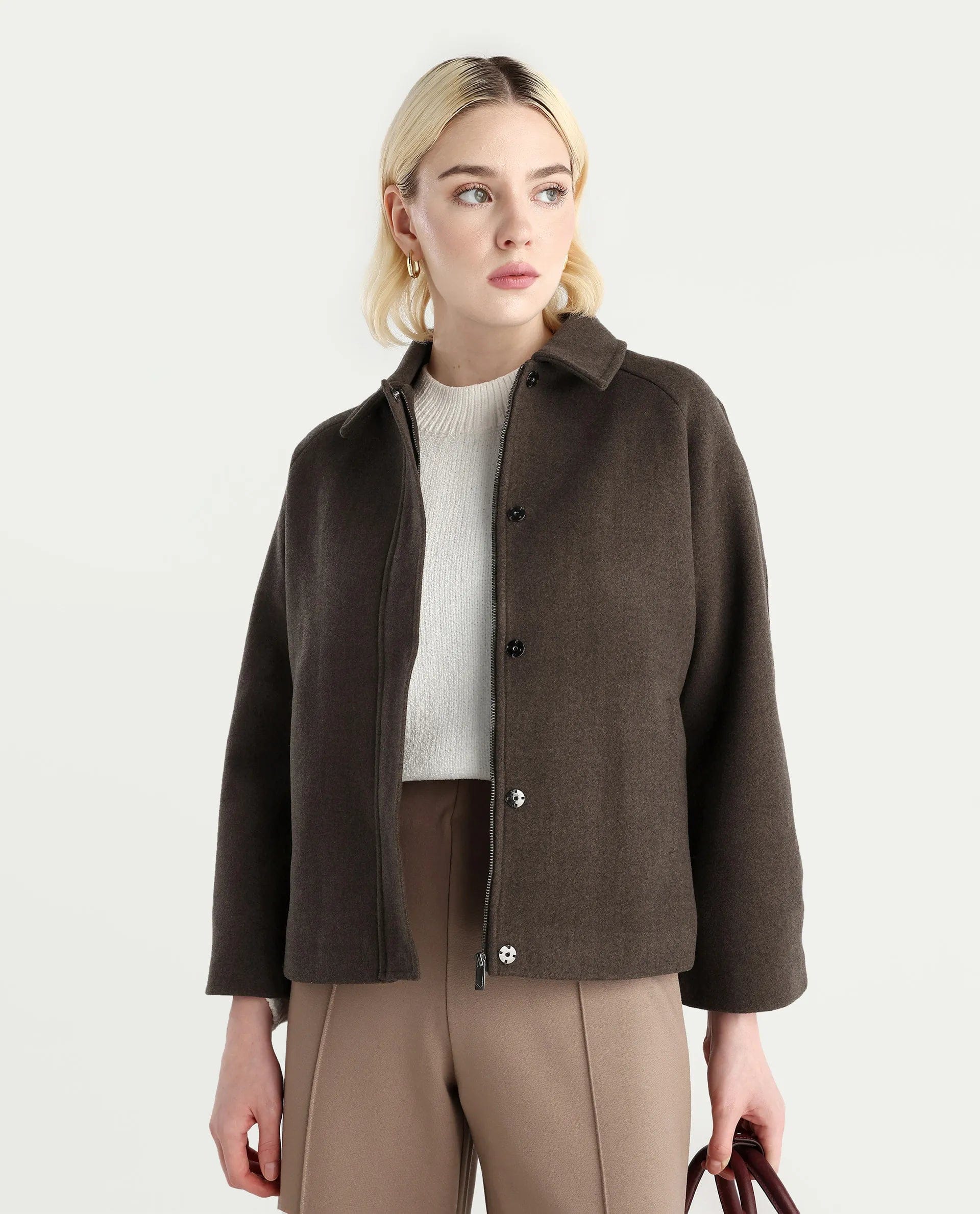 Rareism Women's Nicos Coffee Polyester Blend Collared Neck Jacket Plain Jacket
