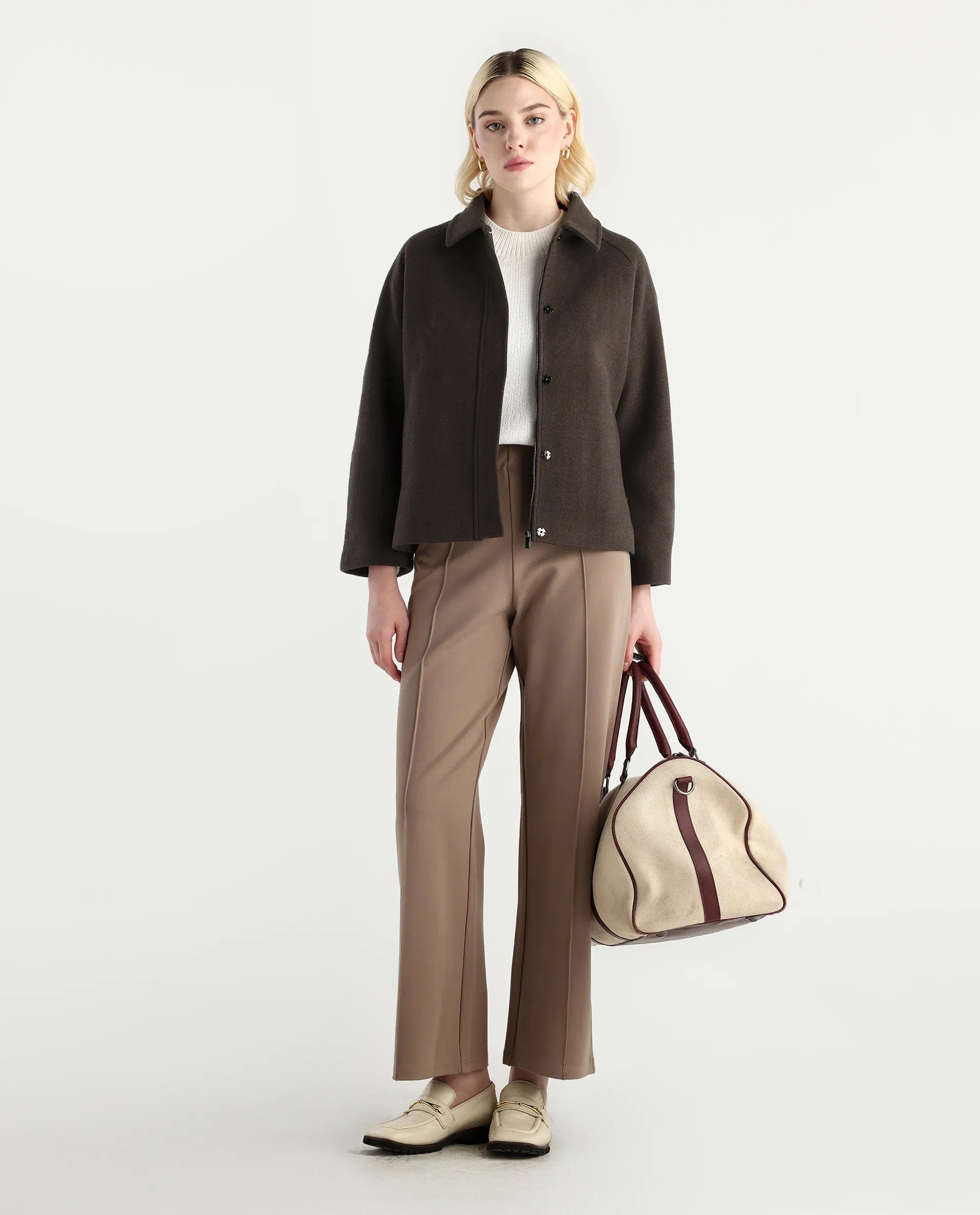 Rareism Women's Nicos Coffee Polyester Blend Collared Neck Jacket Plain Jacket