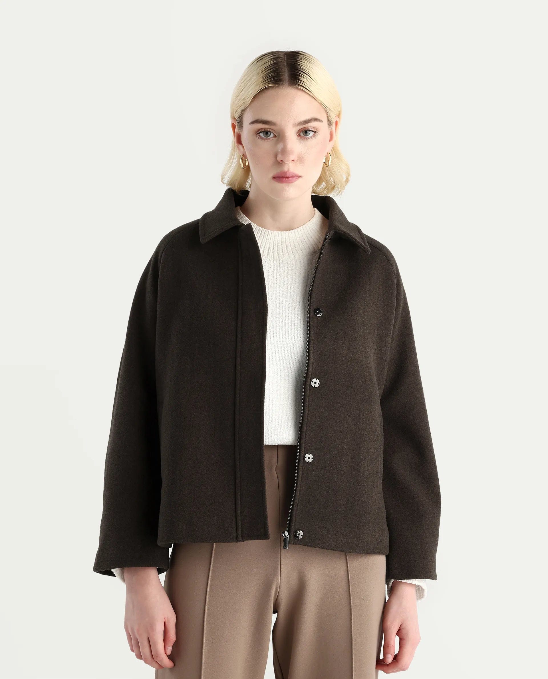 Rareism Women's Nicos Coffee Polyester Blend Collared Neck Jacket Plain Jacket