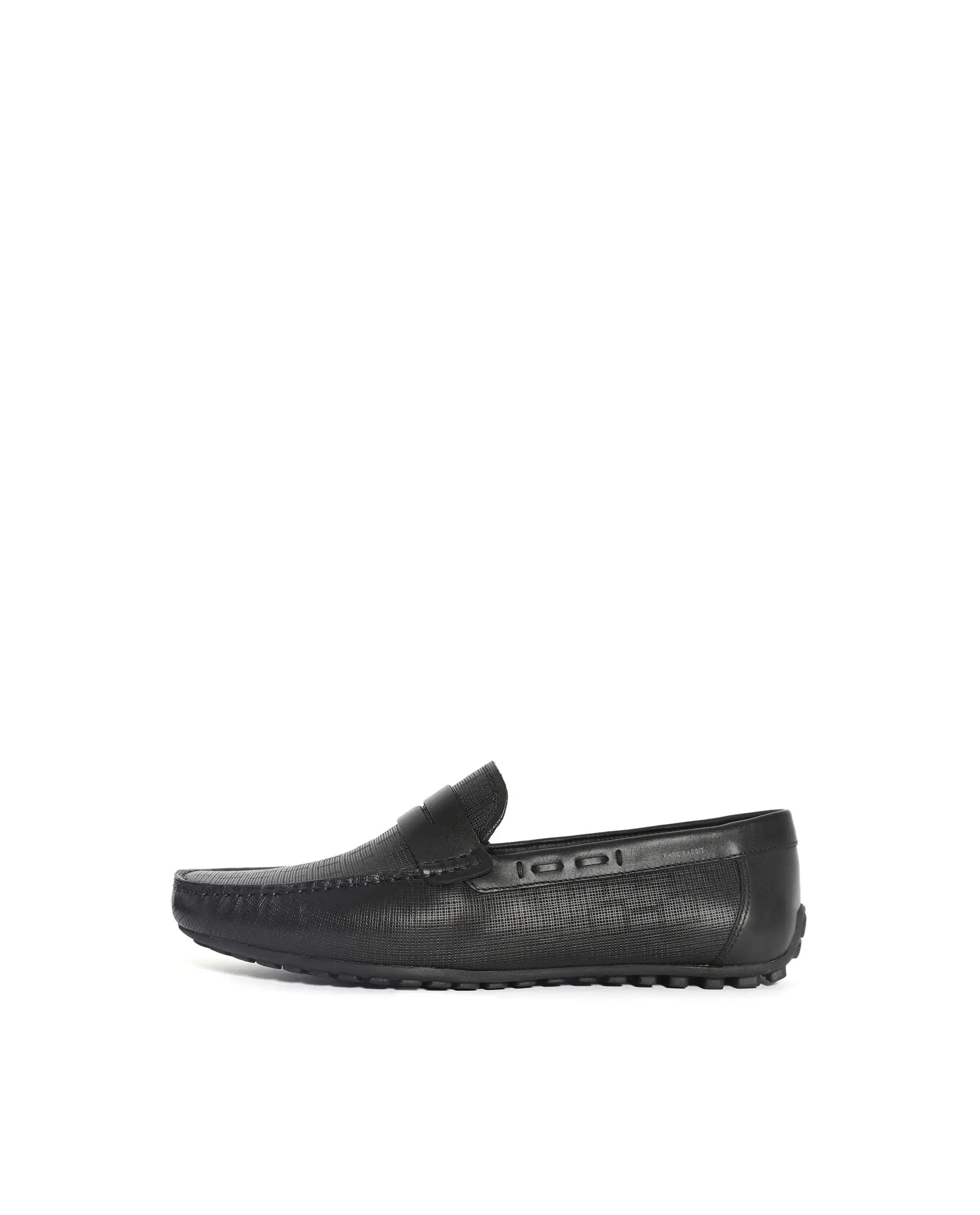 RAREZ Rare Rabbit Men's Saffian Black Slip - On Textured Genuine Leather Driver Moccasin