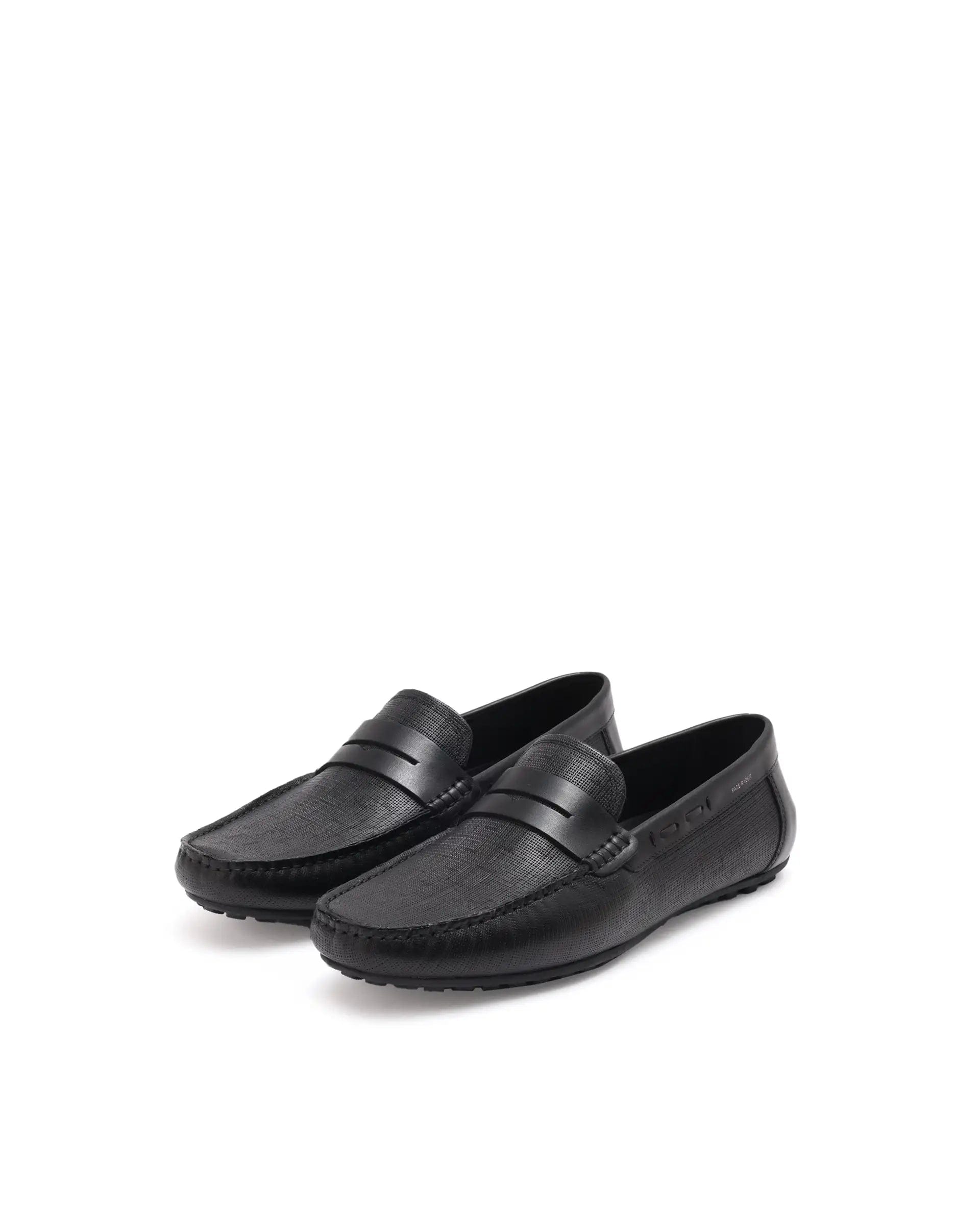 RAREZ Rare Rabbit Men's Saffian Black Slip - On Textured Genuine Leather Driver Moccasin