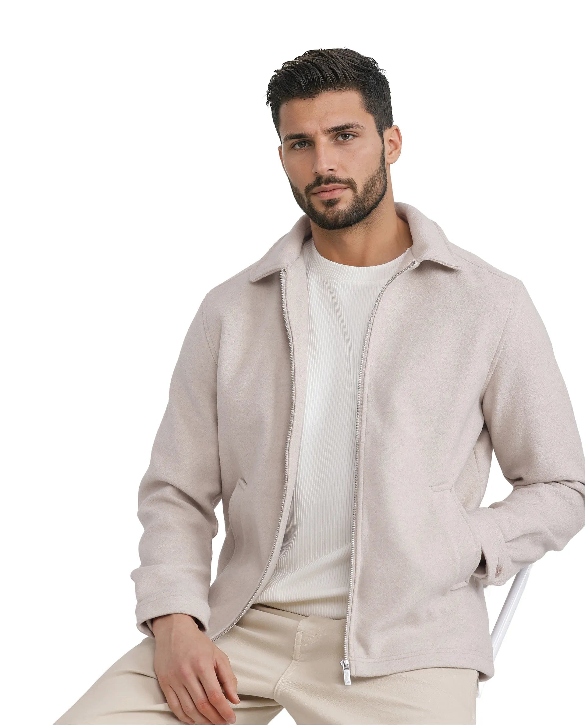 RARE Rabbit Men's Tweeder - 2 Beige Polyester Plain Regular Fit Full Sleeve Spread Collar Jacket