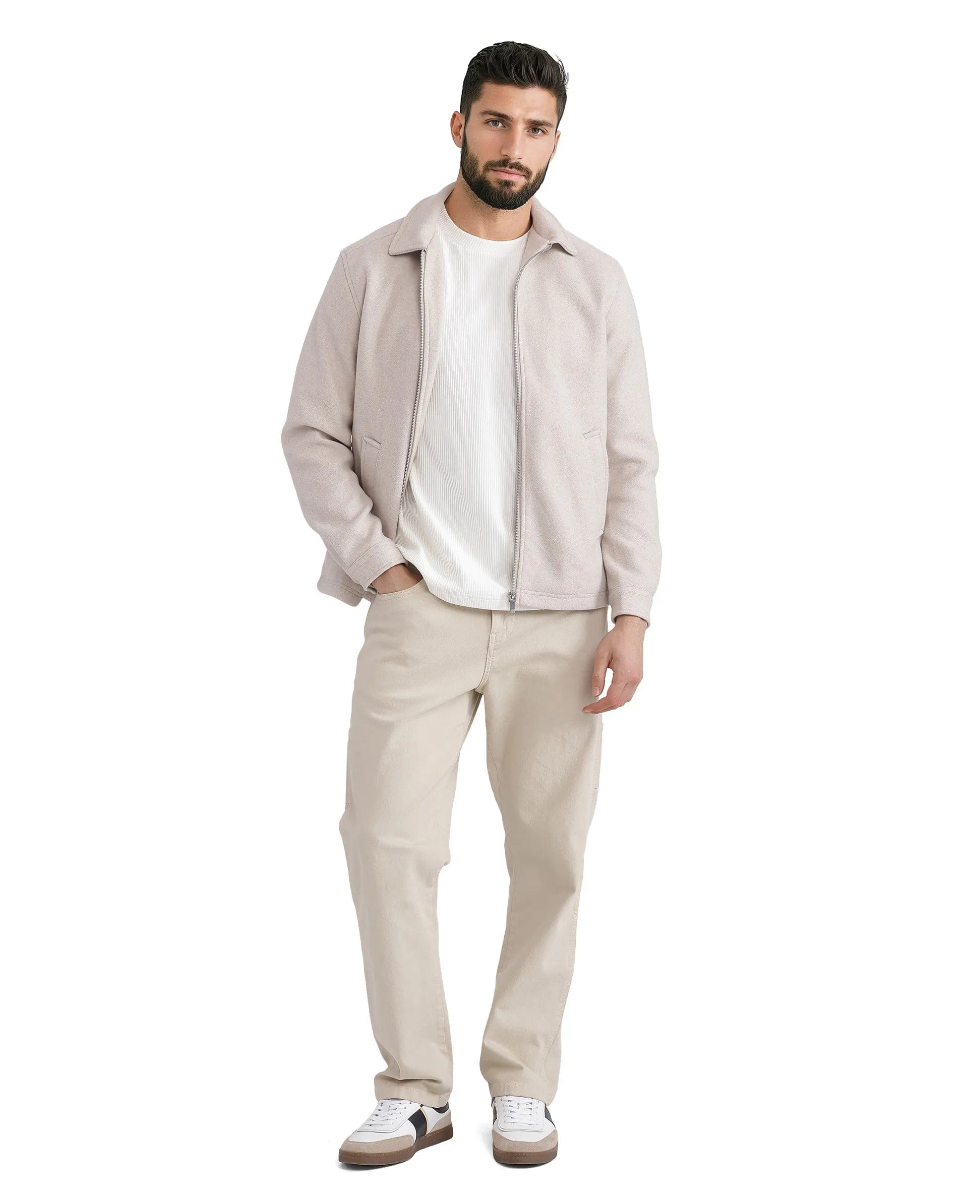 RARE Rabbit Men's Tweeder - 2 Beige Polyester Plain Regular Fit Full Sleeve Spread Collar Jacket