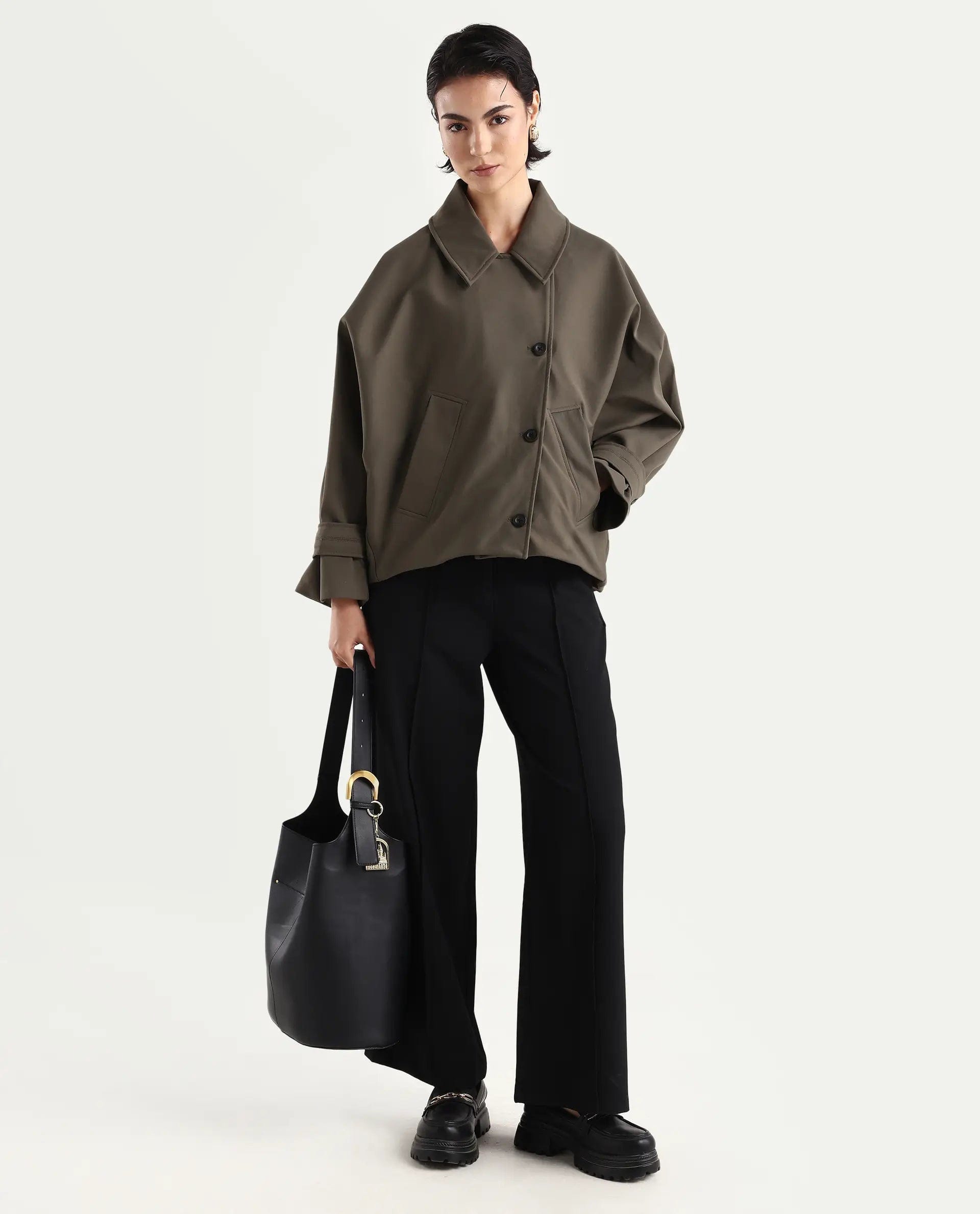 Rareism Women's Nacai Olive Polyester Spread Collar Relaxed Fit Jacket