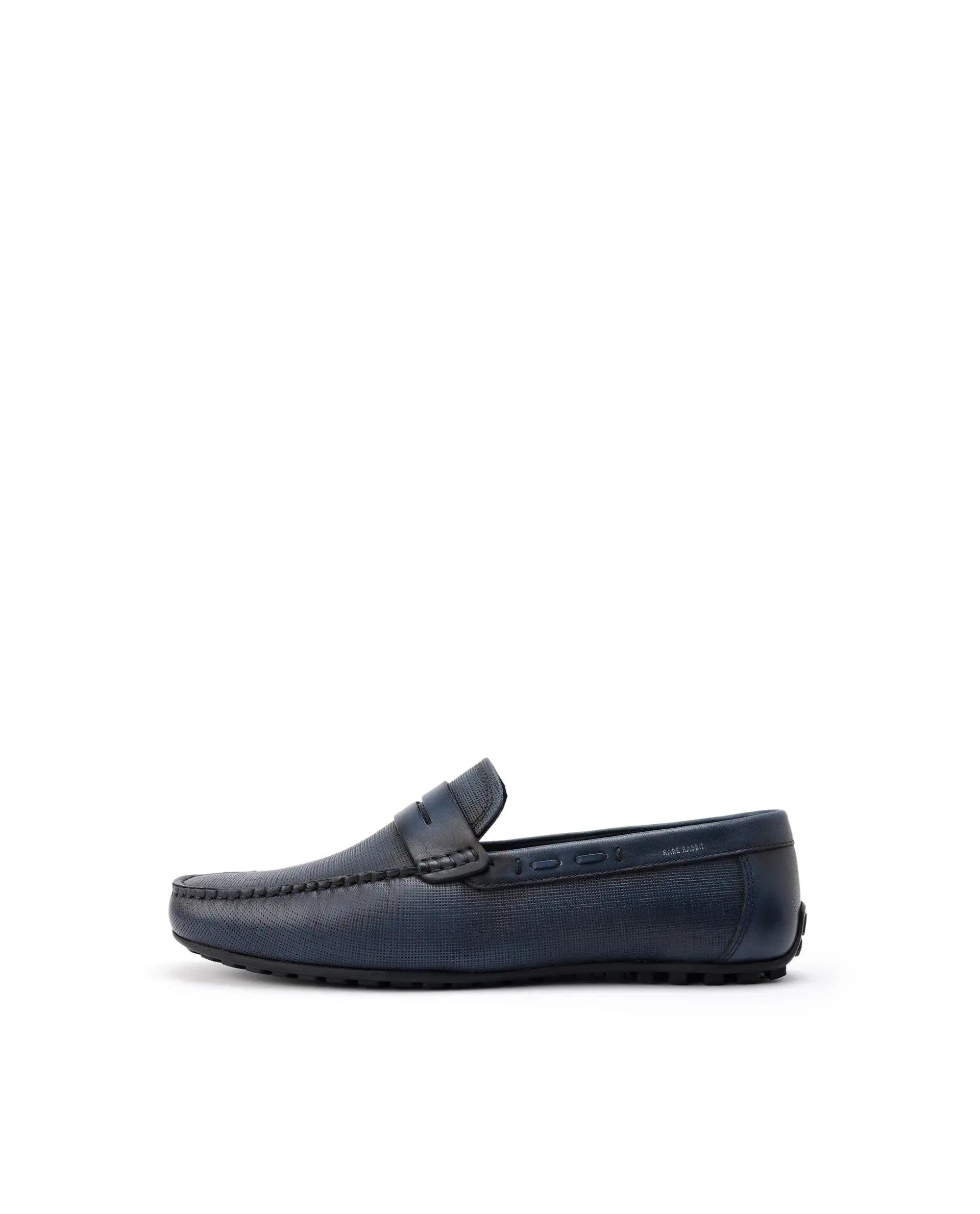 RAREZ Rare Rabbit Men's Saffian Navy Slip - On Textured Genuine Leather Driver Moccasin