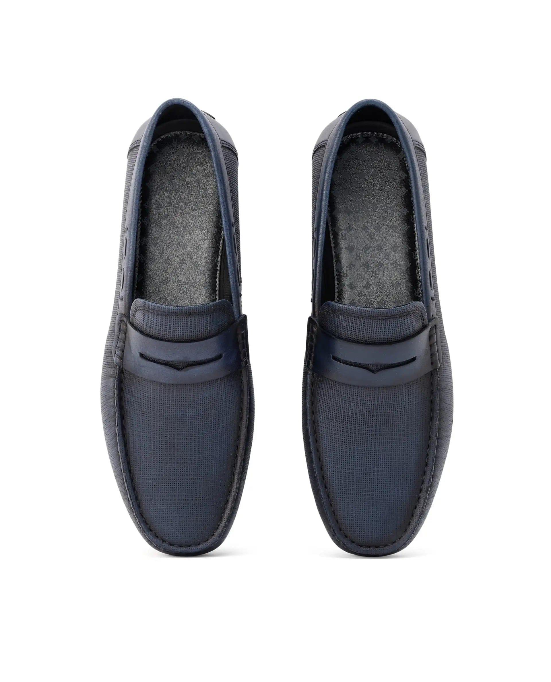 RAREZ Rare Rabbit Men's Saffian Navy Slip - On Textured Genuine Leather Driver Moccasin