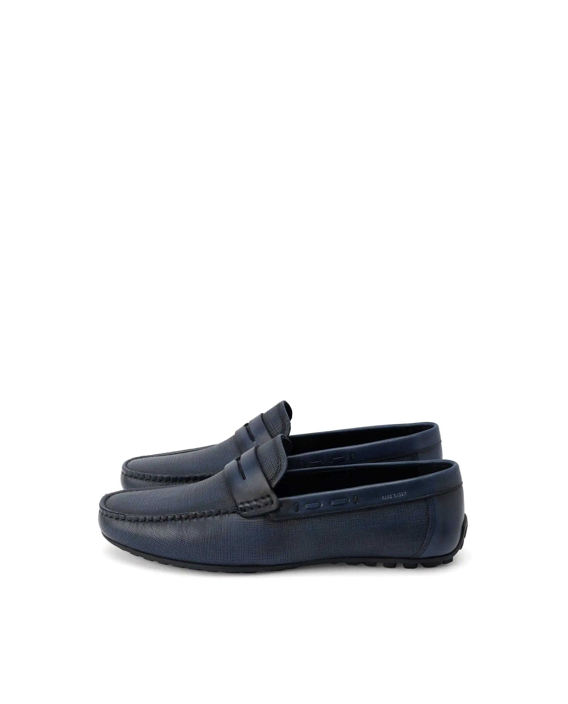 RAREZ Rare Rabbit Men's Saffian Navy Slip - On Textured Genuine Leather Driver Moccasin