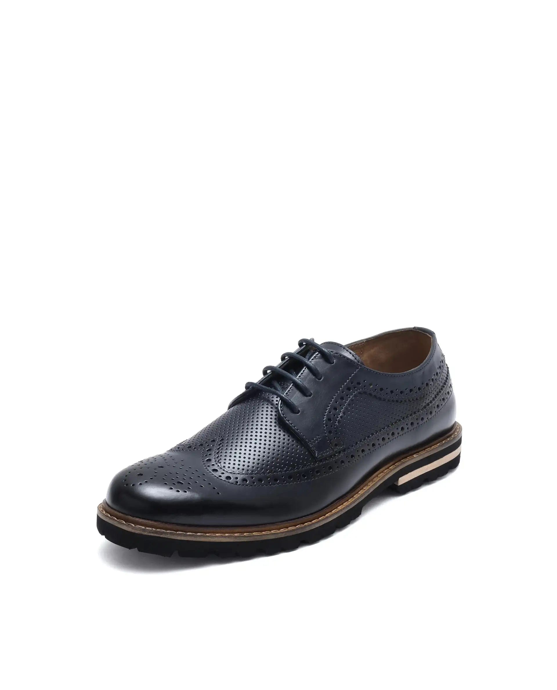 RAREZ Rare Rabbit Mens Brox Navy Derby Lace - Up Brogue Detailing Leather Formal Shoes