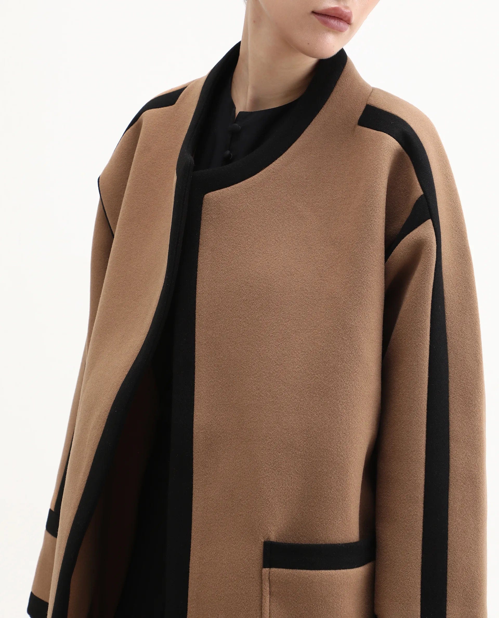 Rareism Women's Contra Tan Polyester Crew Neck Regular Fit Plain Jacket
