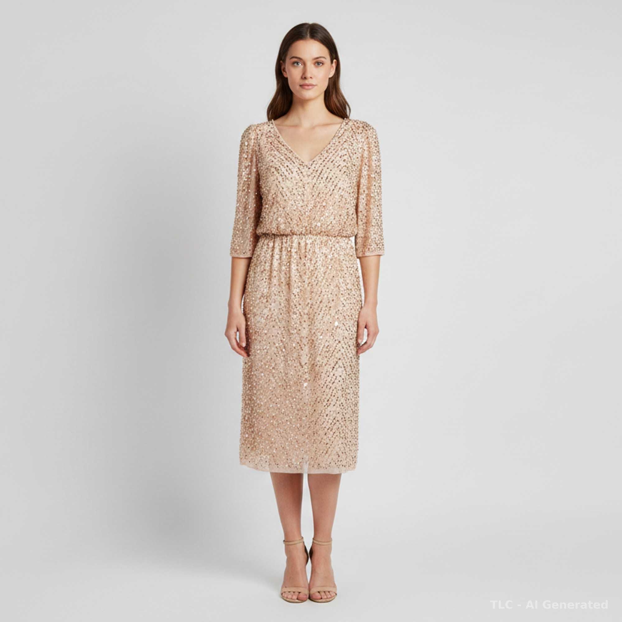 Jenny Packham Pink - Gold Chiffon Sequin Embellished Midi Dress