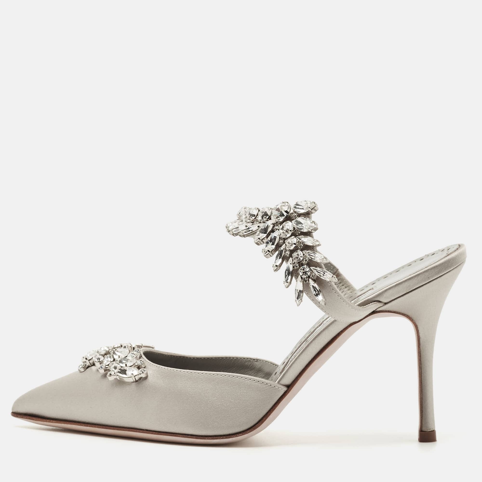 Manolo Blahnik Grey Satin Crystal Embellished Lurum Mules