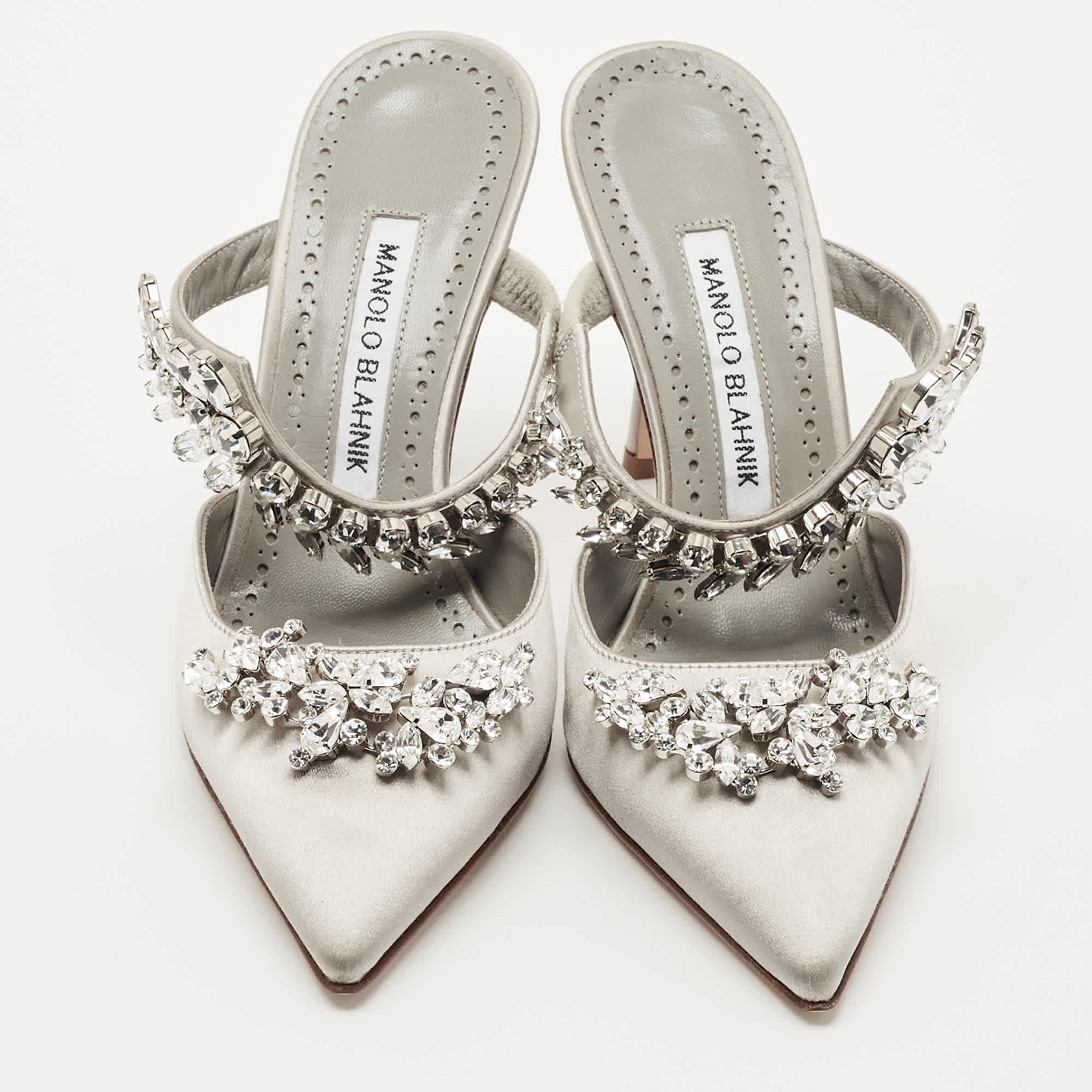 Manolo Blahnik Grey Satin Crystal Embellished Lurum Mules