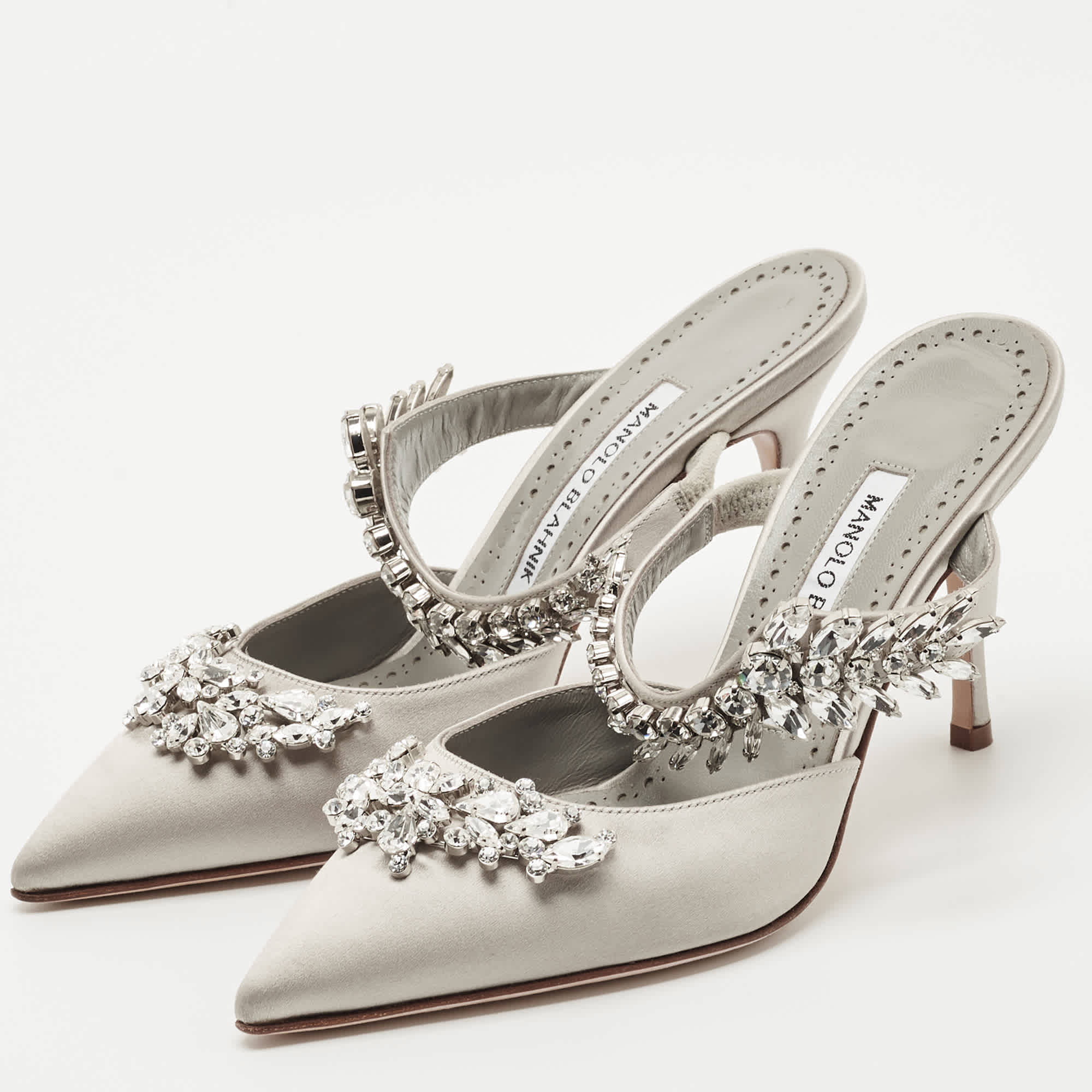 Manolo Blahnik Grey Satin Crystal Embellished Lurum Mules