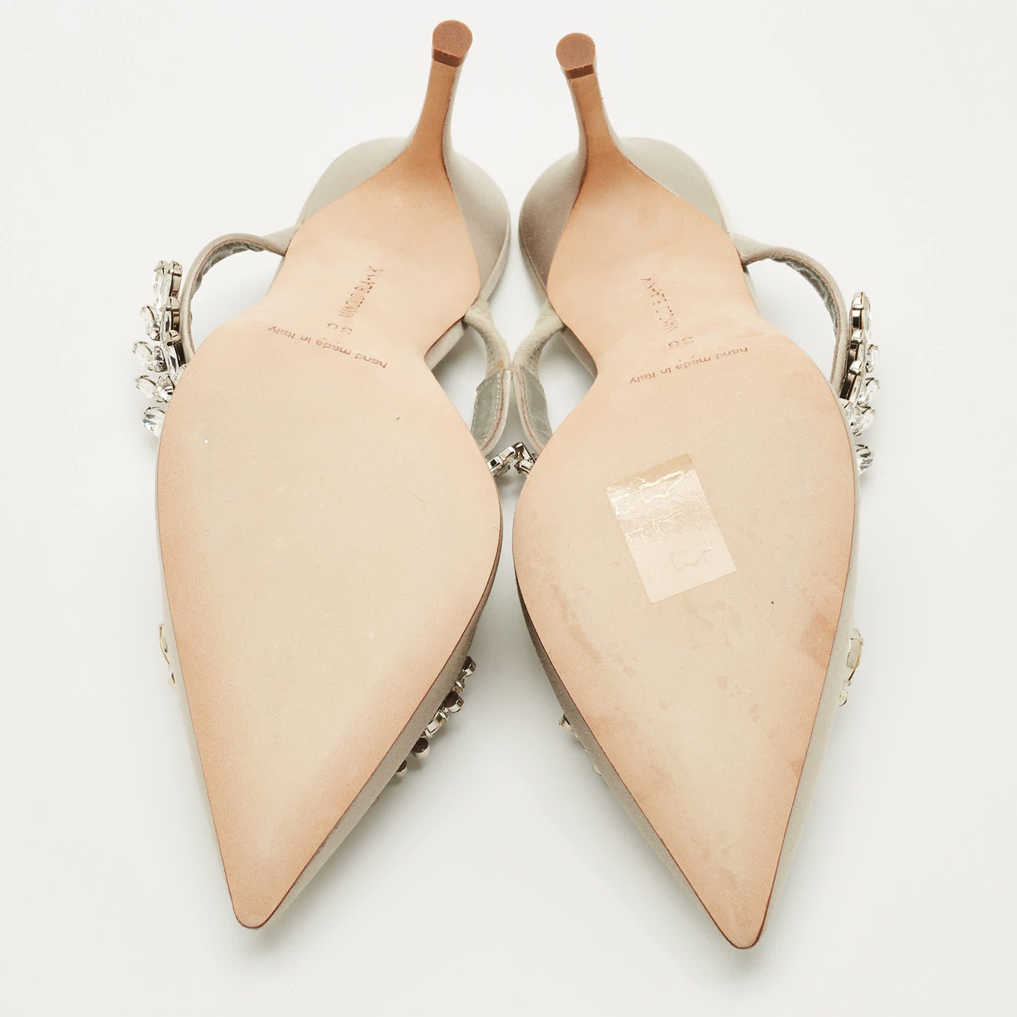 Manolo Blahnik Grey Satin Crystal Embellished Lurum Mules