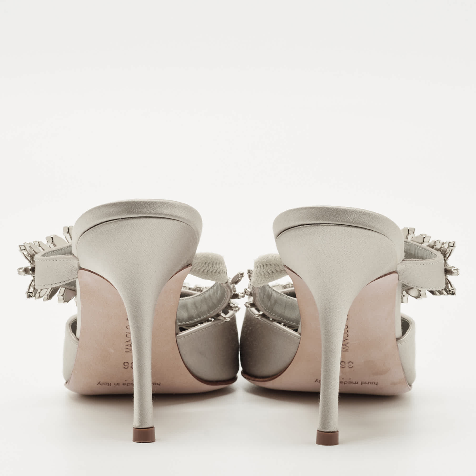 Manolo Blahnik Grey Satin Crystal Embellished Lurum Mules