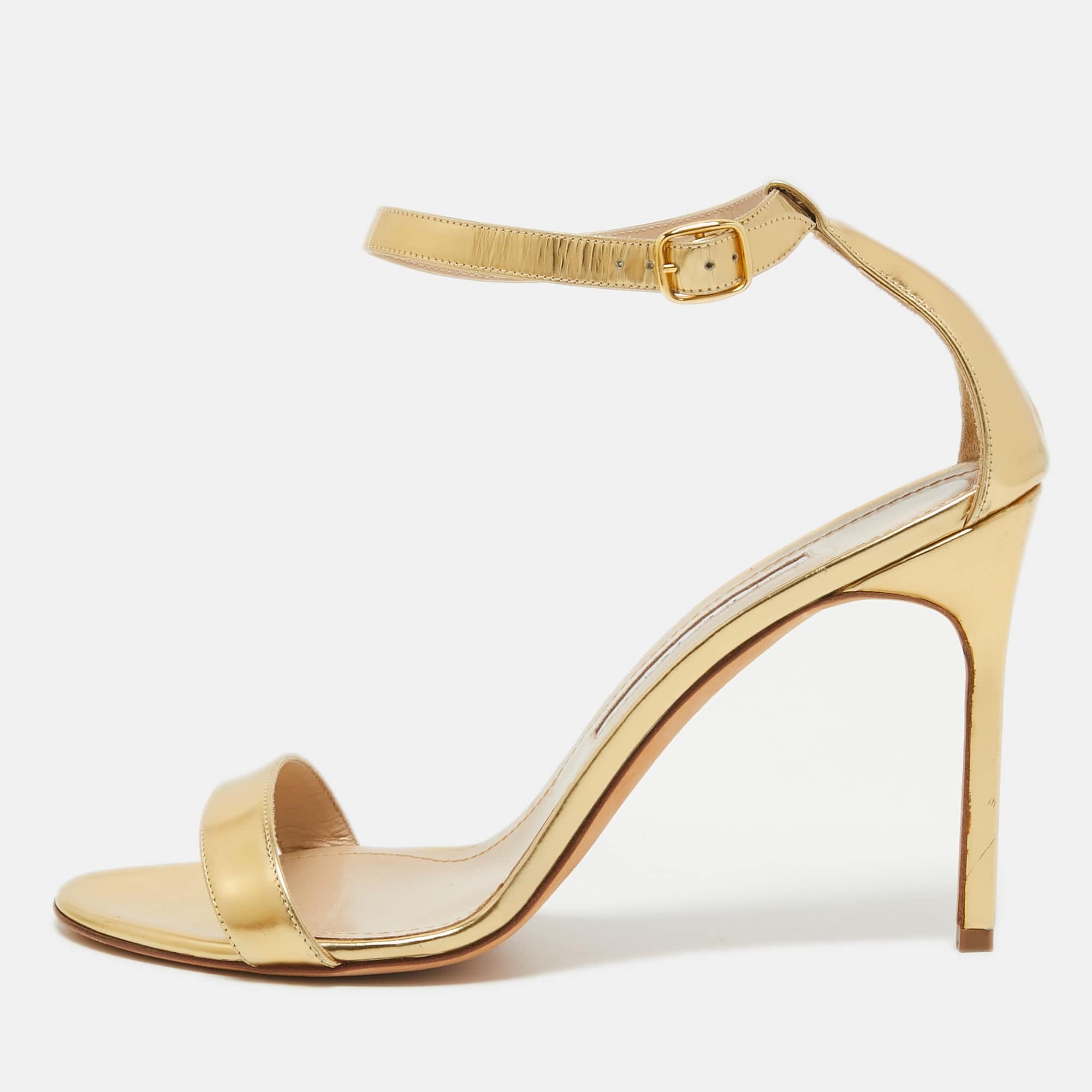 Manolo Blahnik Gold Leather Ankle Strap Sandals