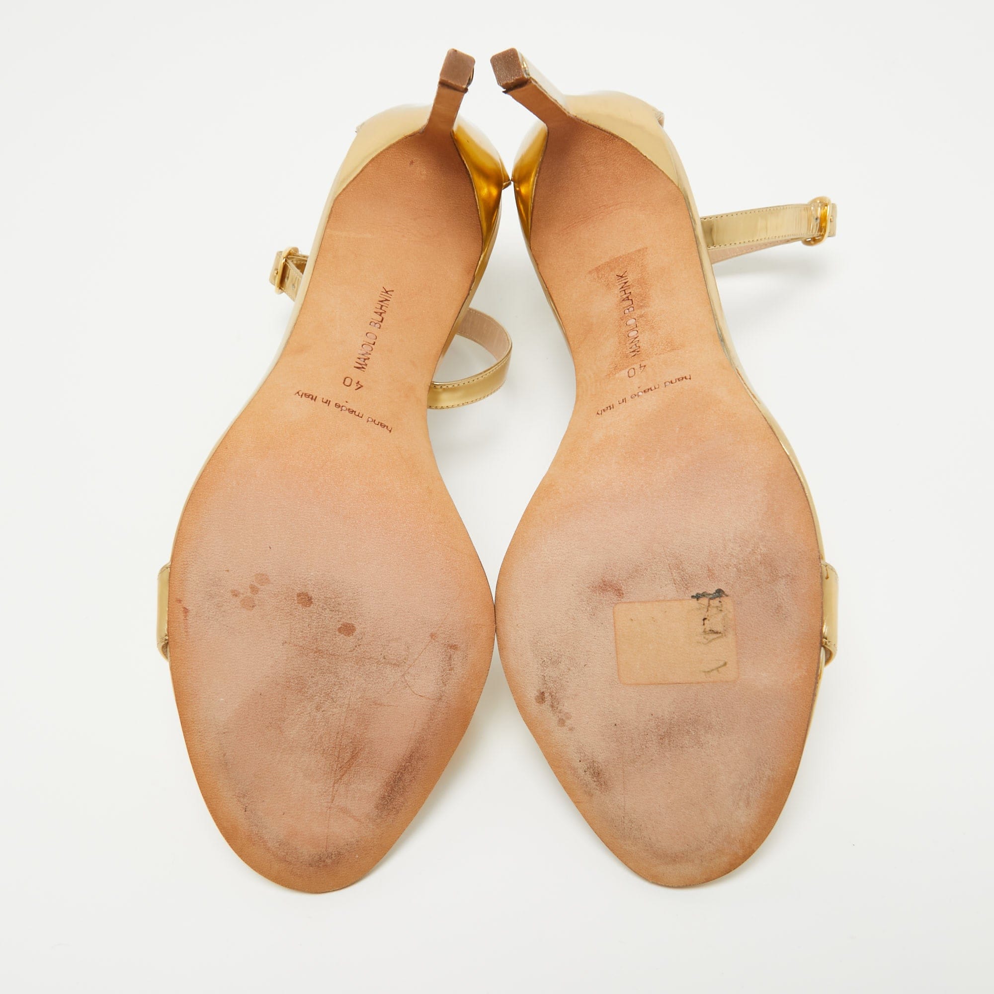 Manolo Blahnik Gold Leather Ankle Strap Sandals