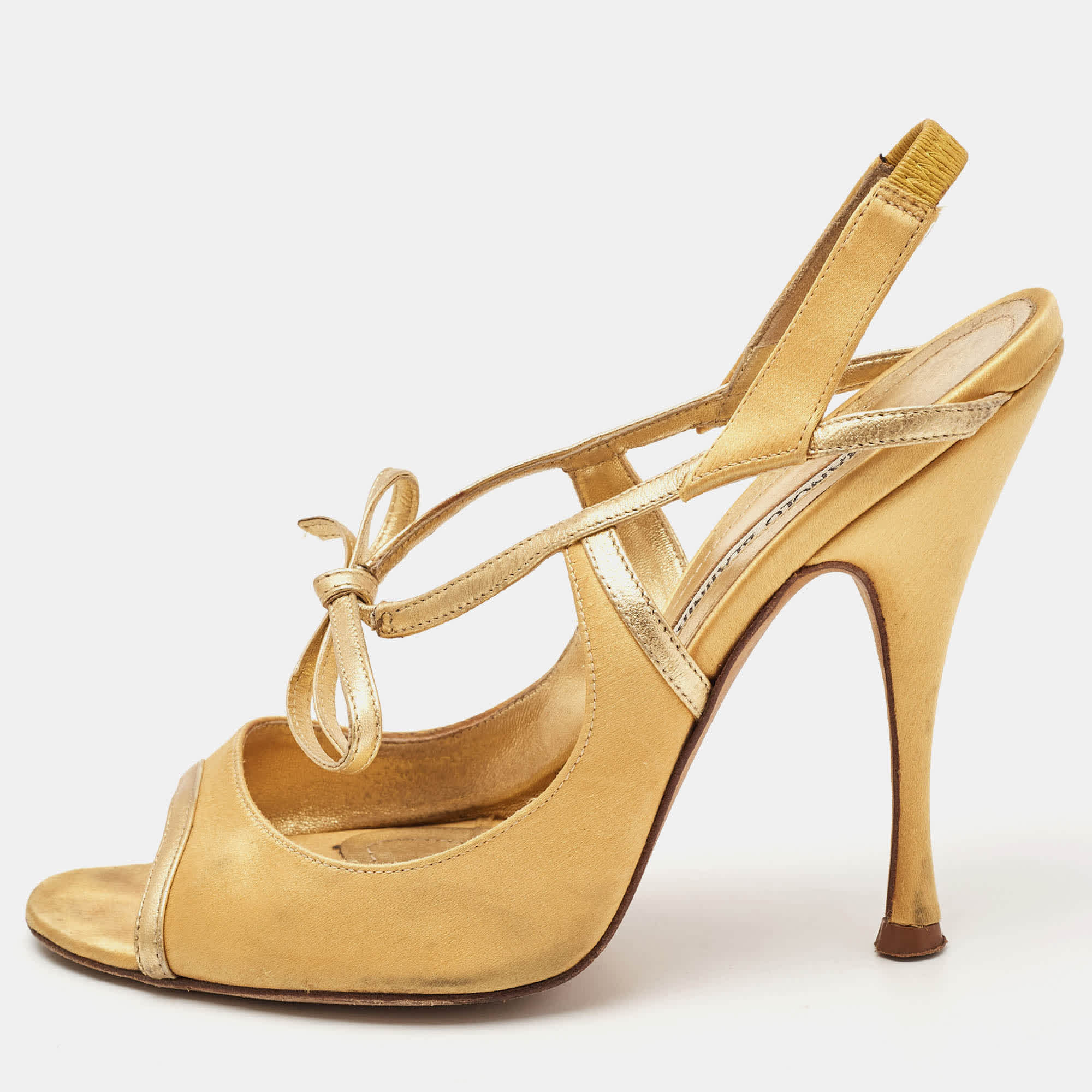 Manolo Blahnik Gold Satin And Leather Bow Slingback Sandals