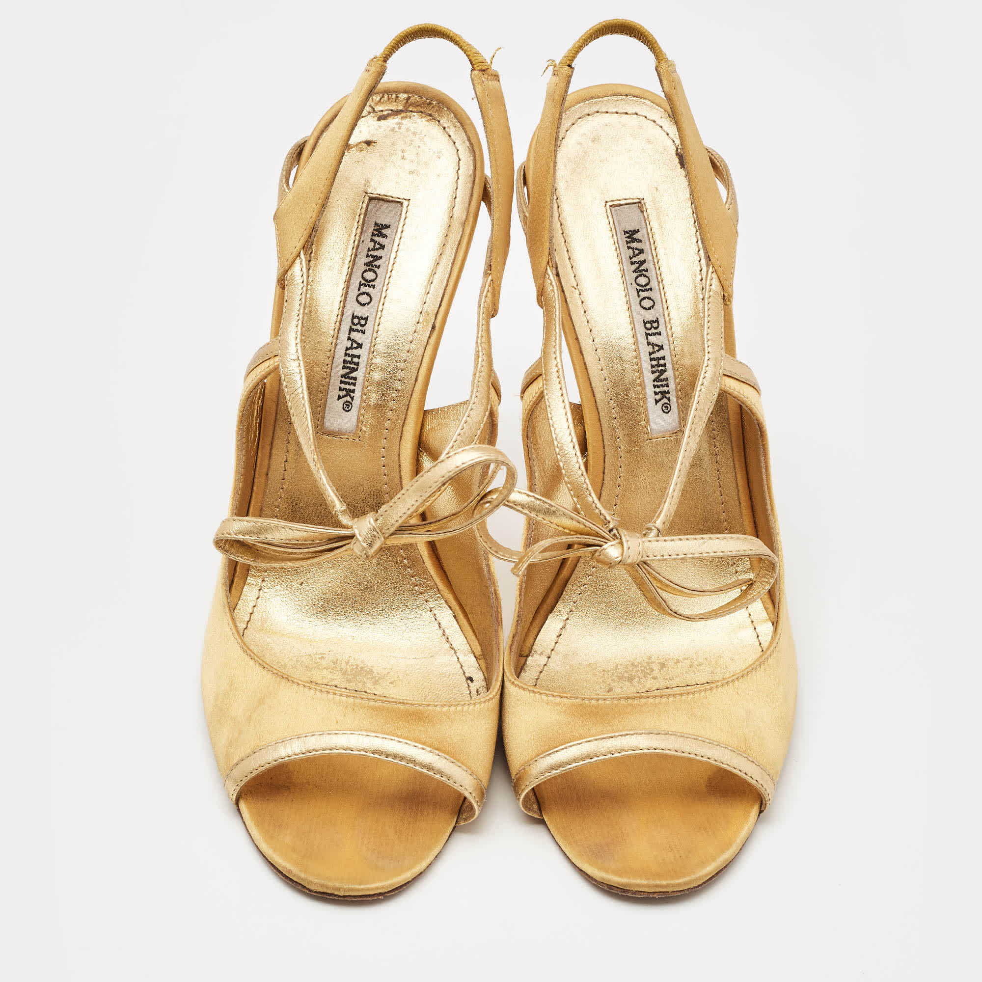 Manolo Blahnik Gold Satin And Leather Bow Slingback Sandals