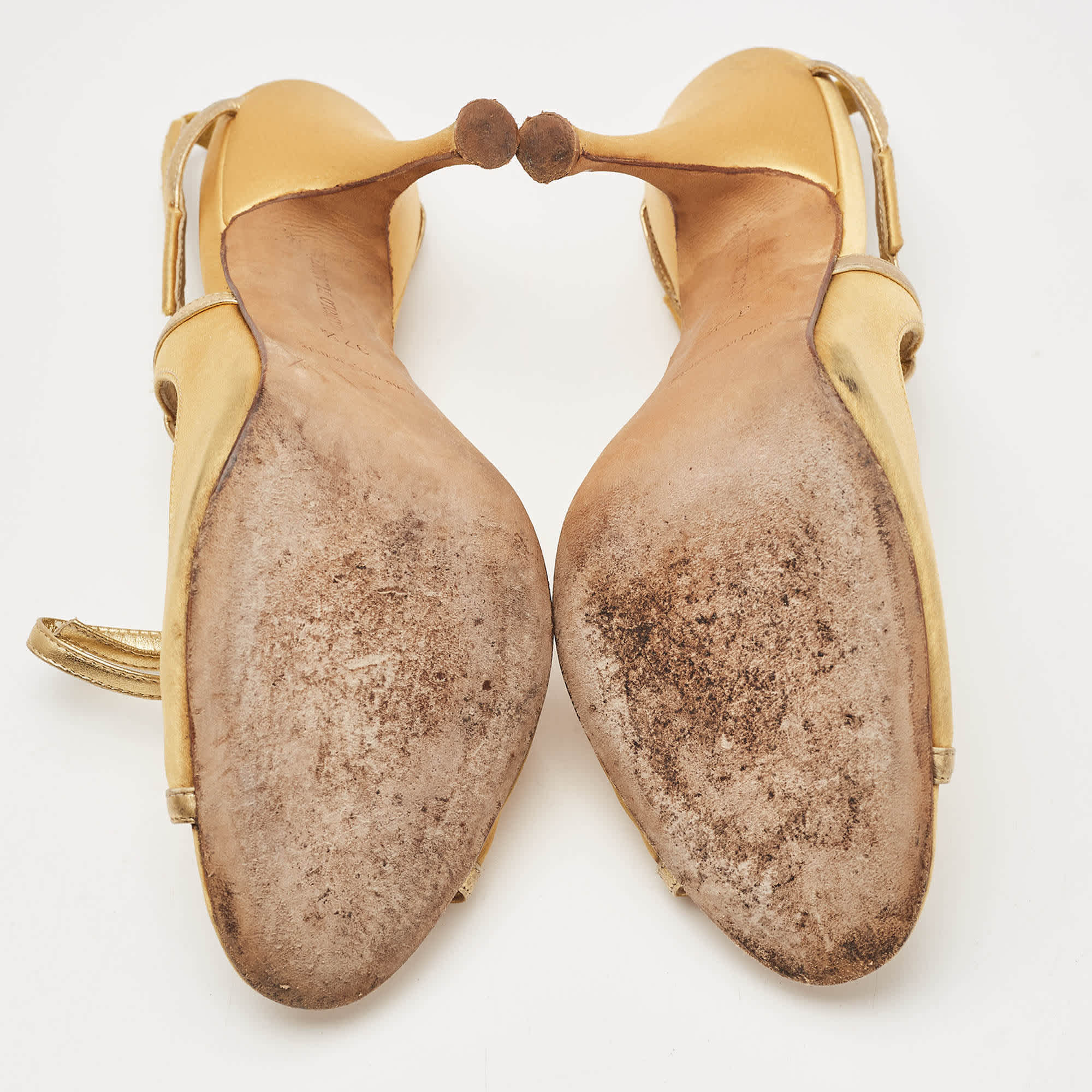 Manolo Blahnik Gold Satin And Leather Bow Slingback Sandals