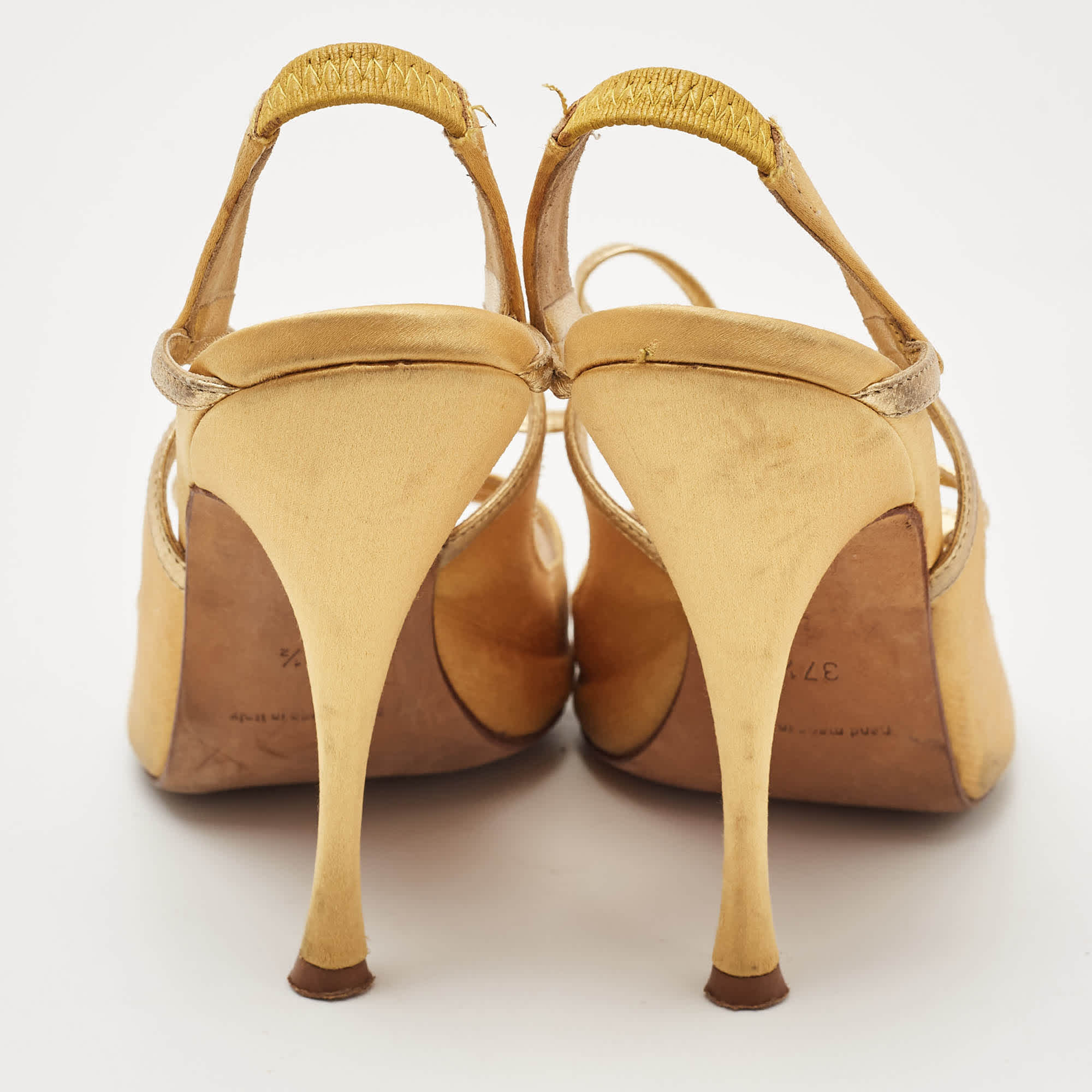 Manolo Blahnik Gold Satin And Leather Bow Slingback Sandals