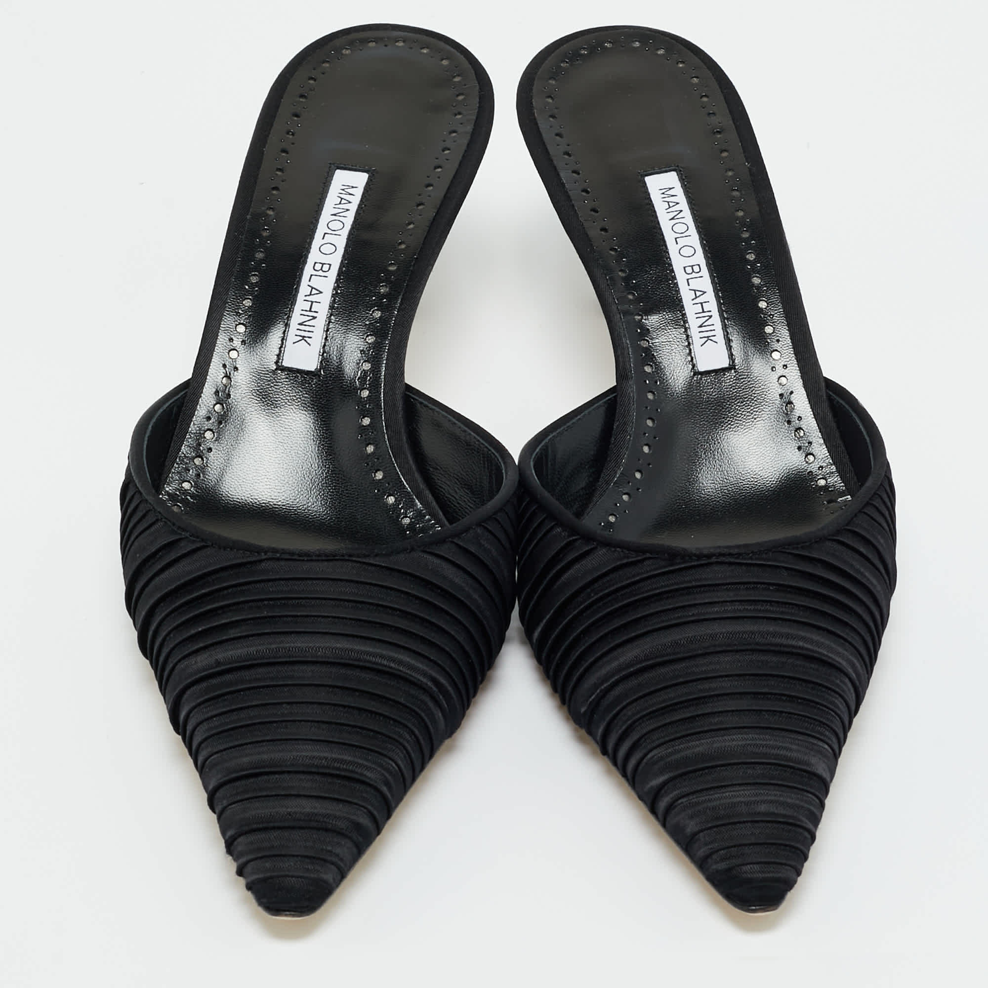 Manolo Blahnik Black Satin Carolynemu Mules
