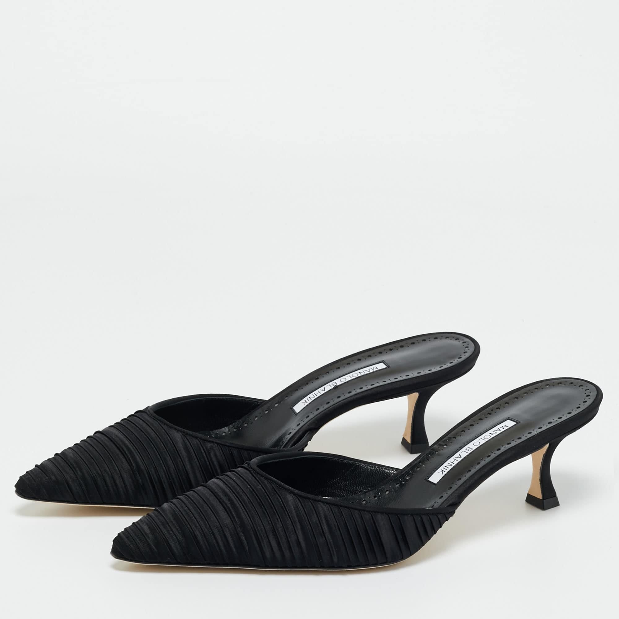 Manolo Blahnik Black Satin Carolynemu Mules