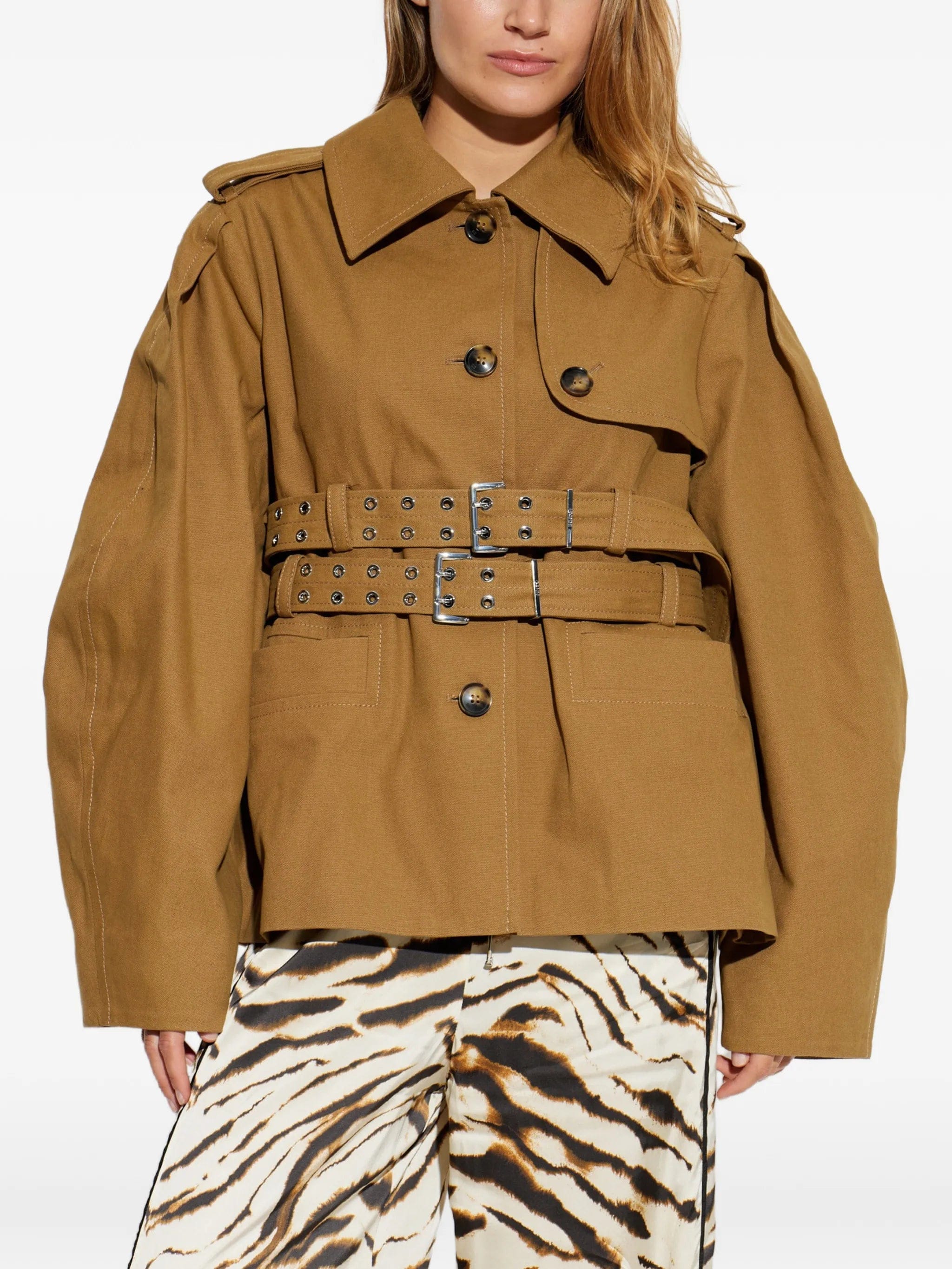 GANNI double - belted pleated - sleeve coat