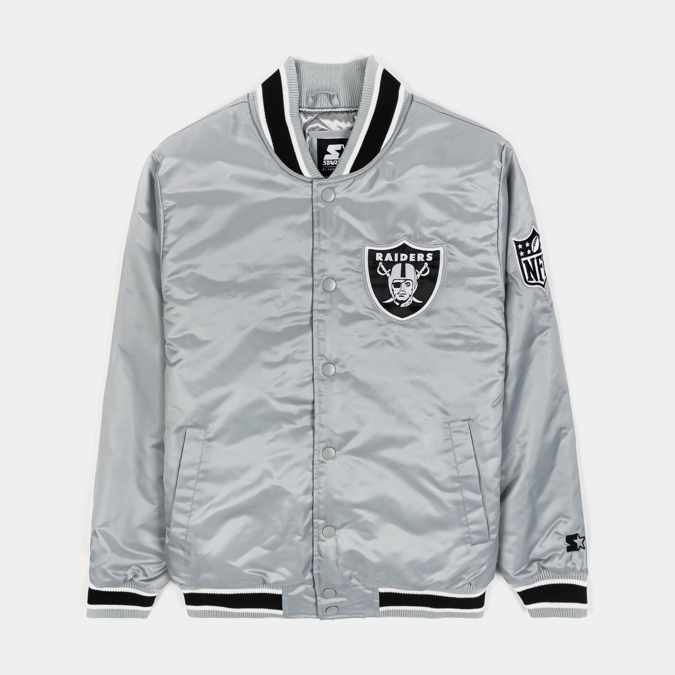 Giii/starter Shoe Palace Exclusive Las Vegas Raiders Satin Varsity Mens Jacket (Silver/Black)