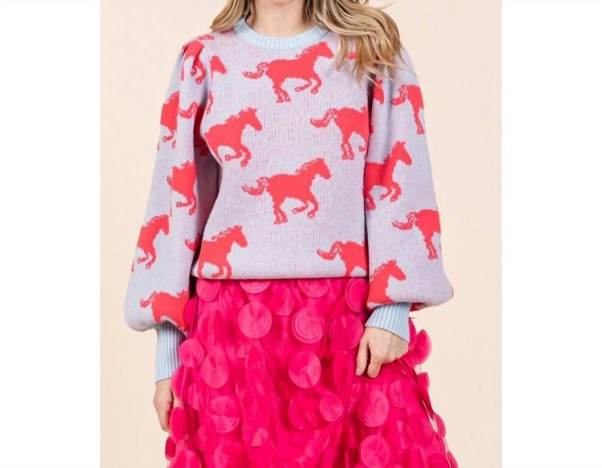Knit Horse Print Knit Sweater In Powdered Blue