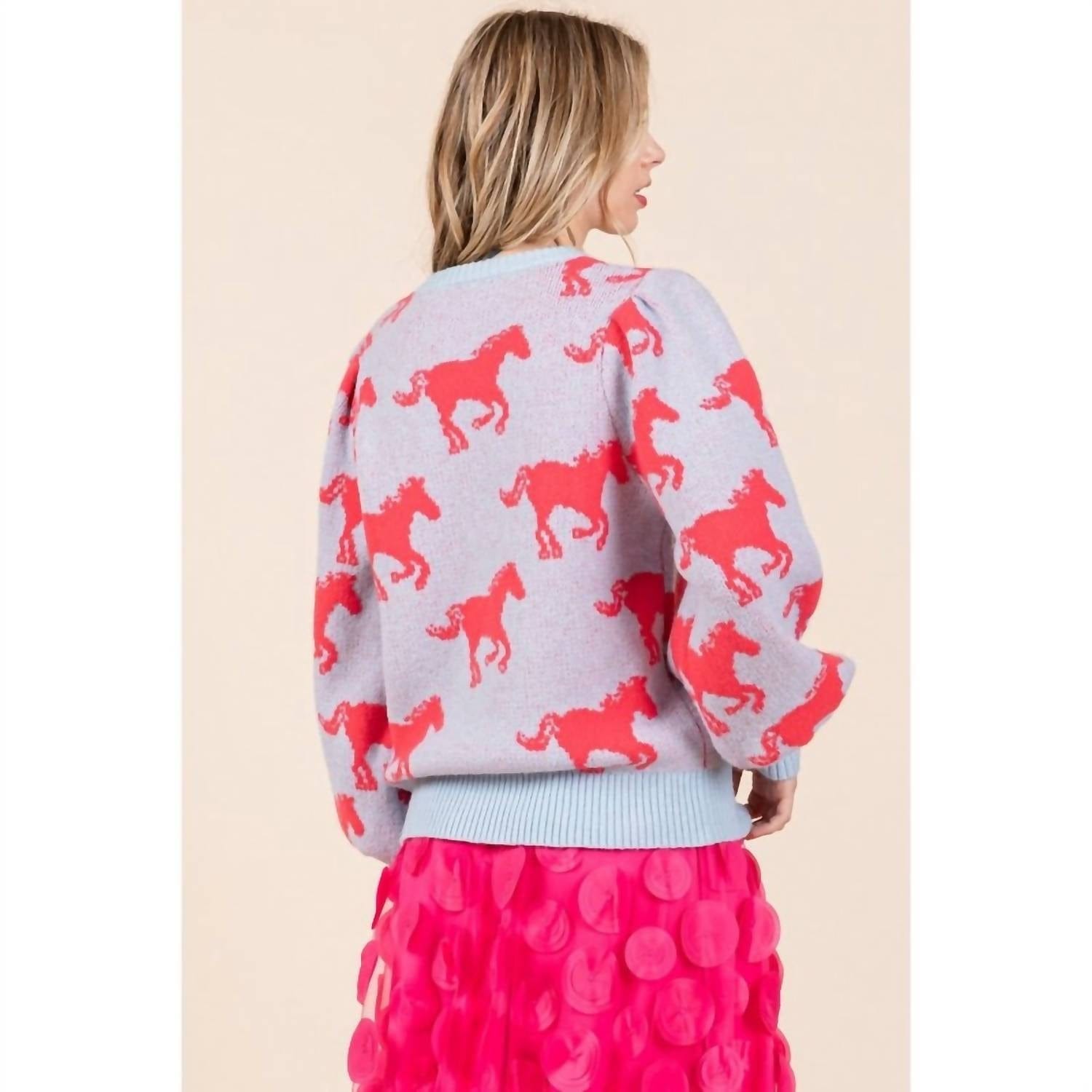 Knit Horse Print Knit Sweater In Powdered Blue