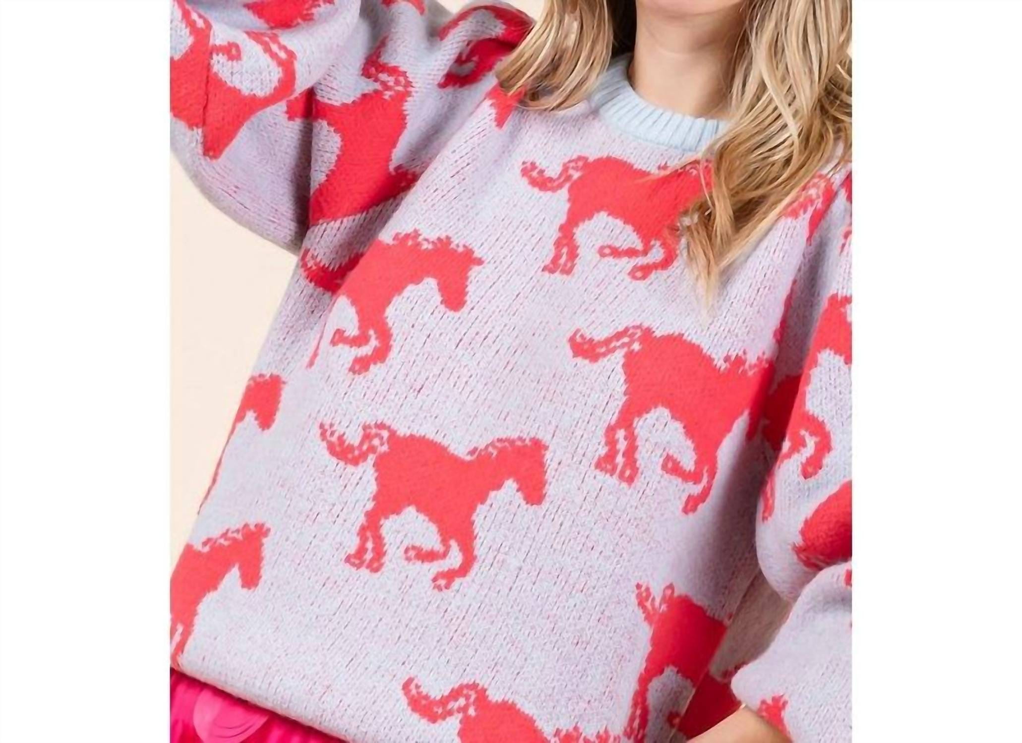 Knit Horse Print Knit Sweater In Powdered Blue