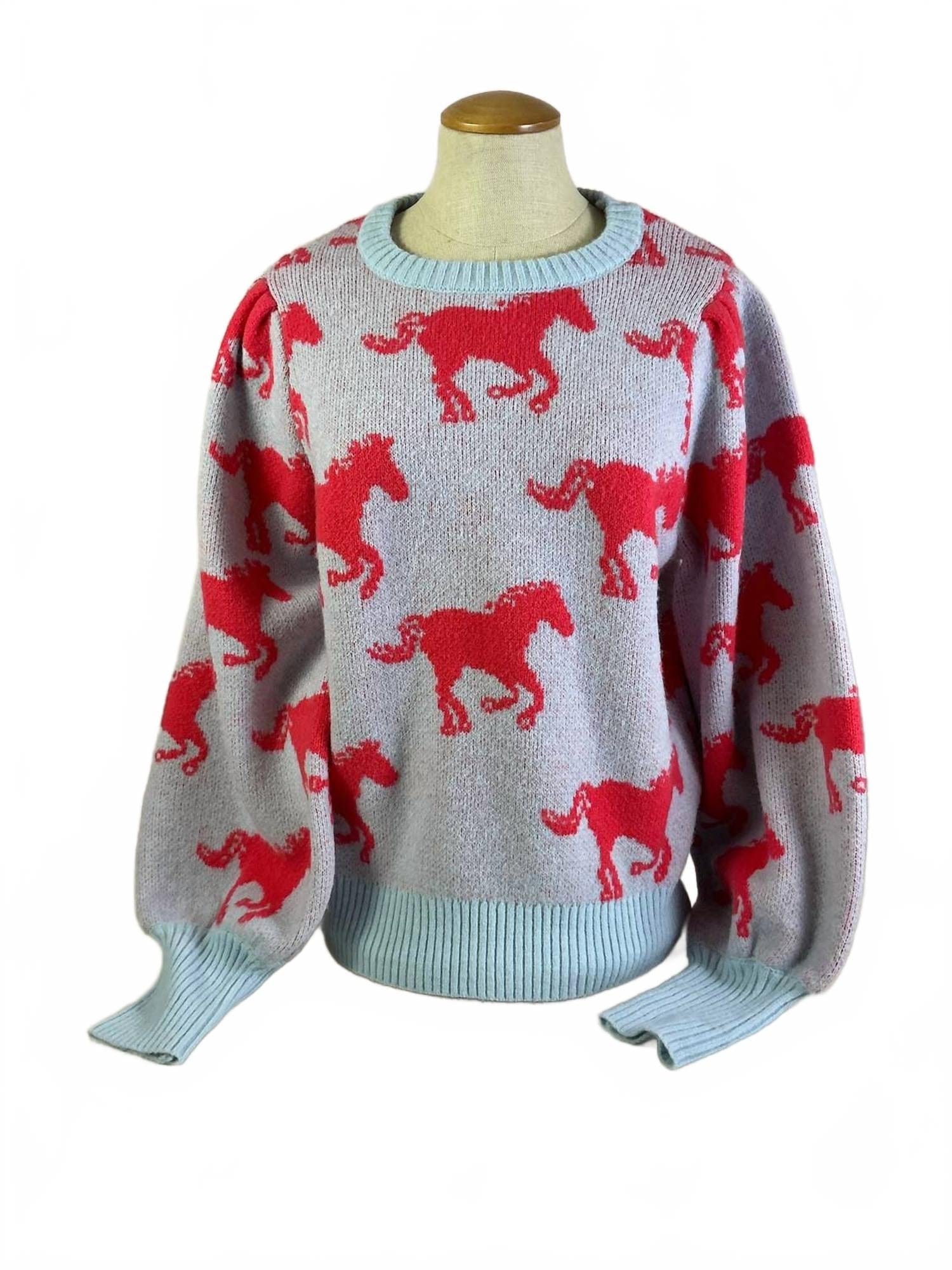 Knit Horse Print Knit Sweater In Powdered Blue