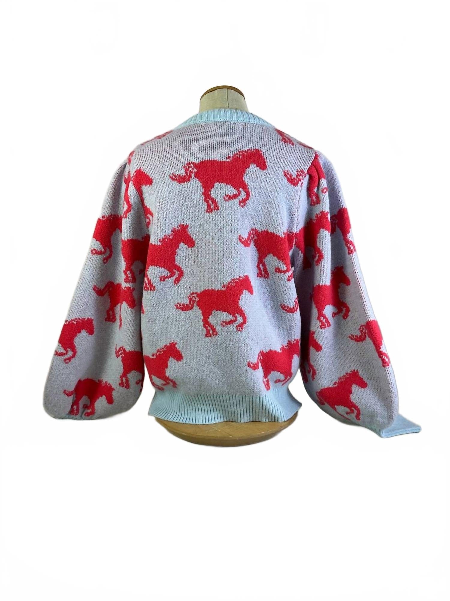 Knit Horse Print Knit Sweater In Powdered Blue