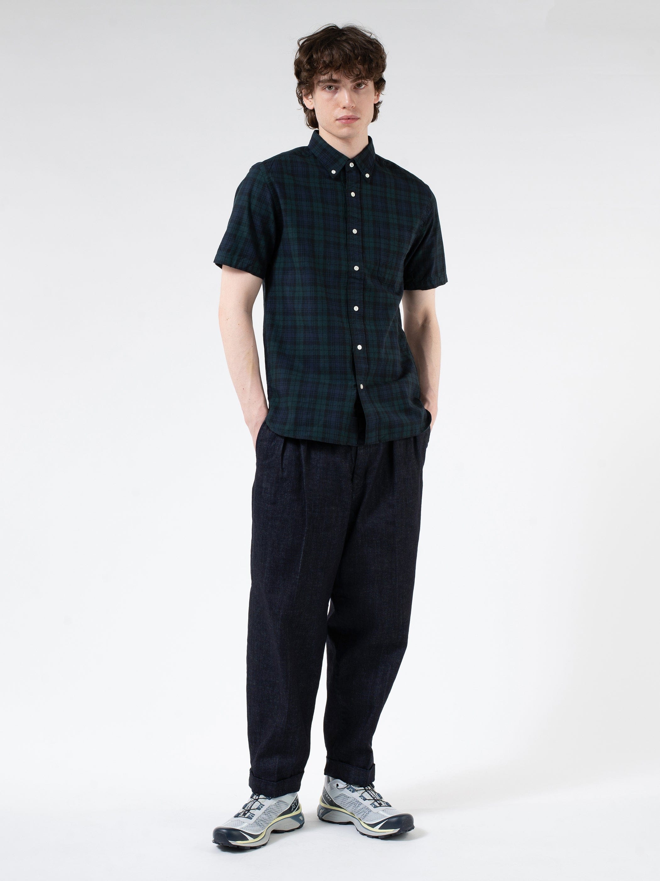BEAMS PLUS Indigo Blackwatch Short Sleeve Button Down Shirt