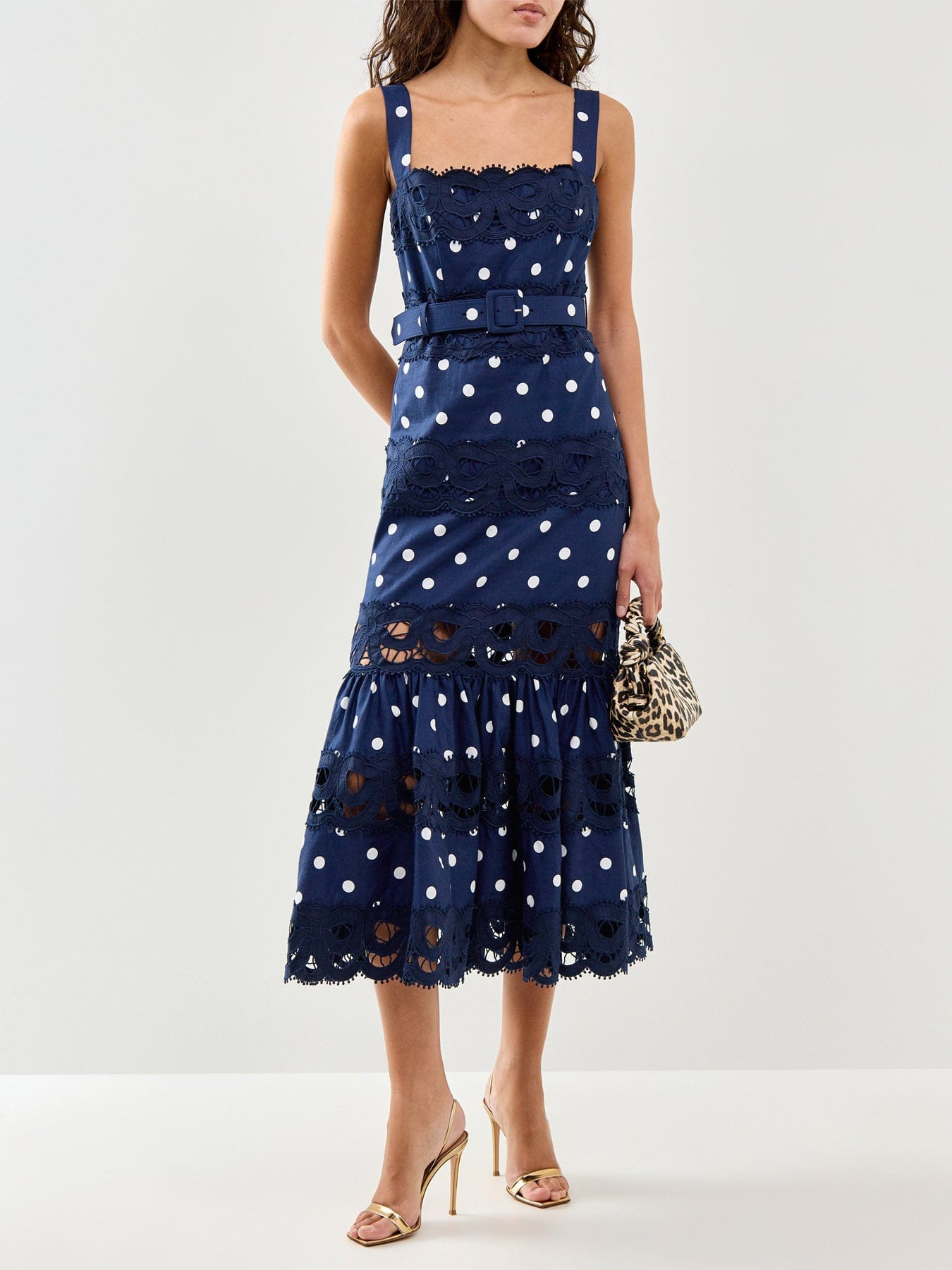 Self-Portrait Navy Polka Dot Linen Midi Dress