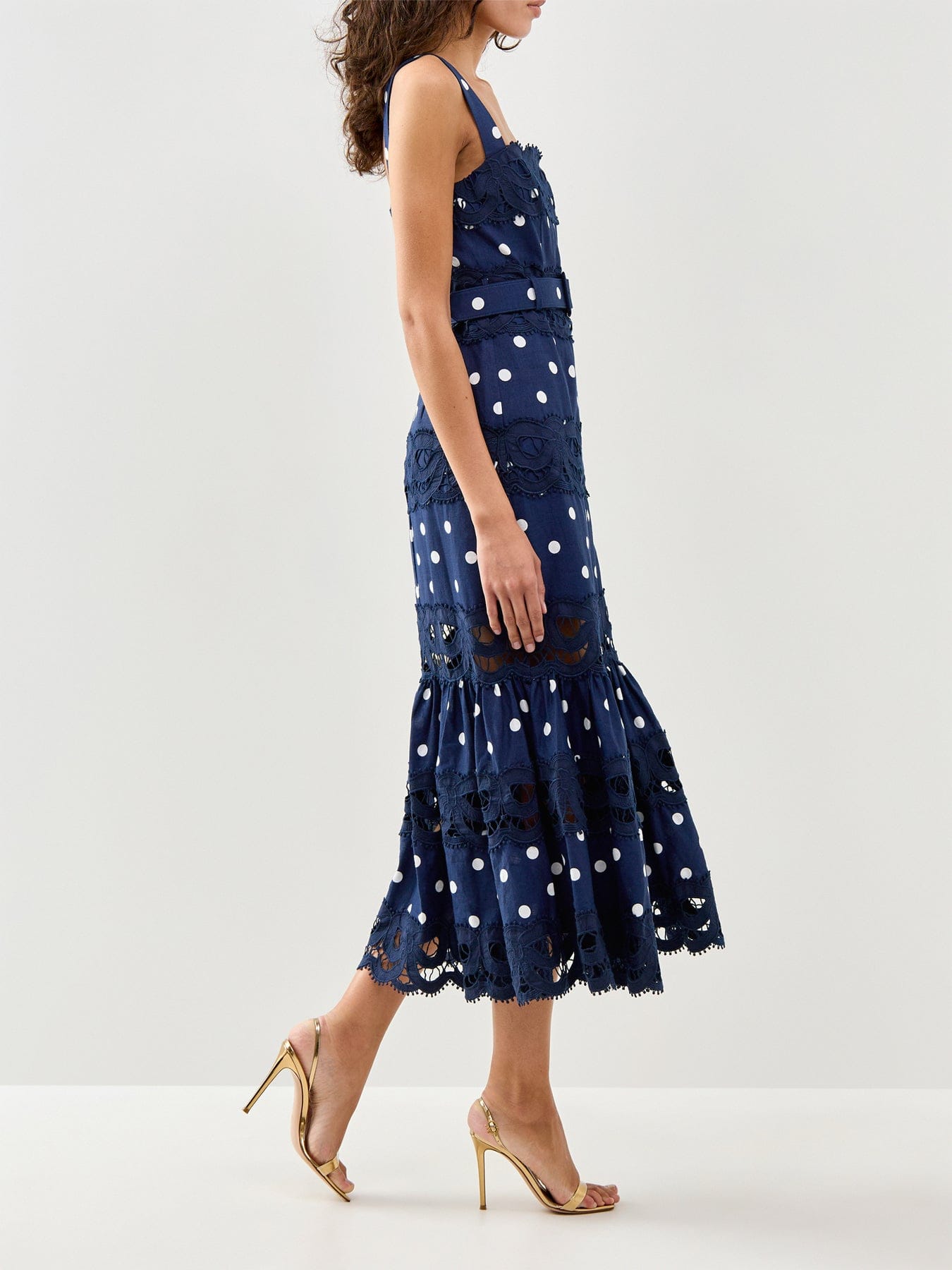 Self-Portrait Navy Polka Dot Linen Midi Dress