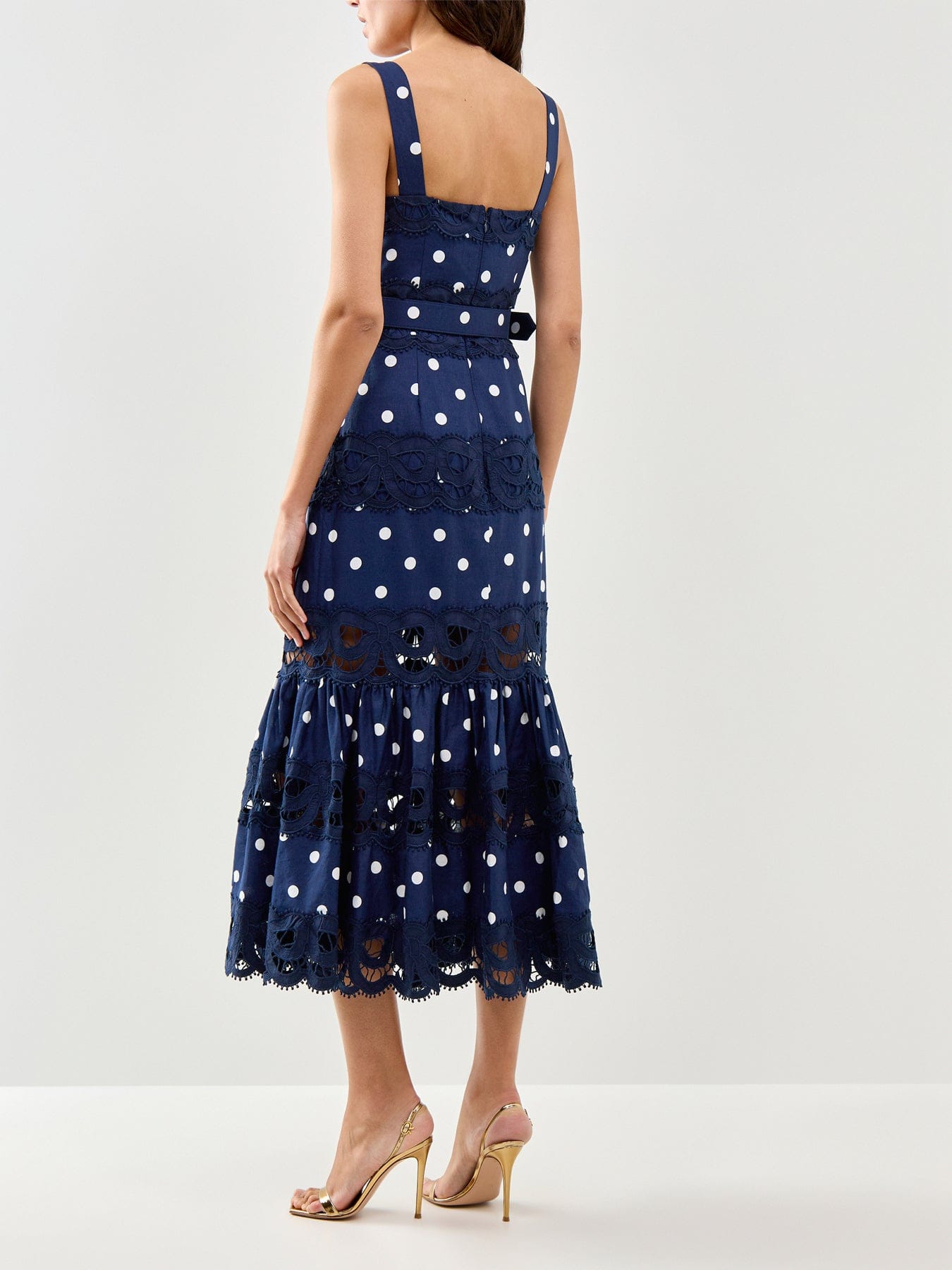Self-Portrait Navy Polka Dot Linen Midi Dress