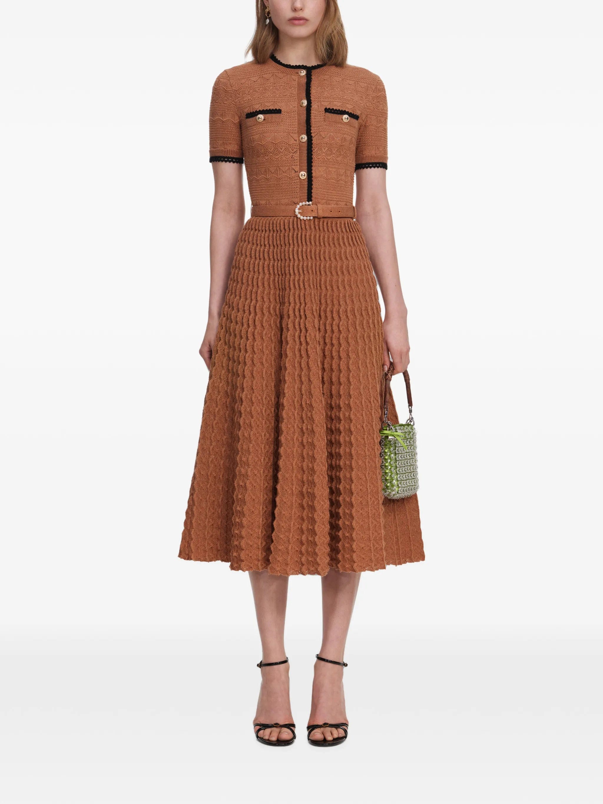 Self-Portrait brown pointelle - knit midi dress