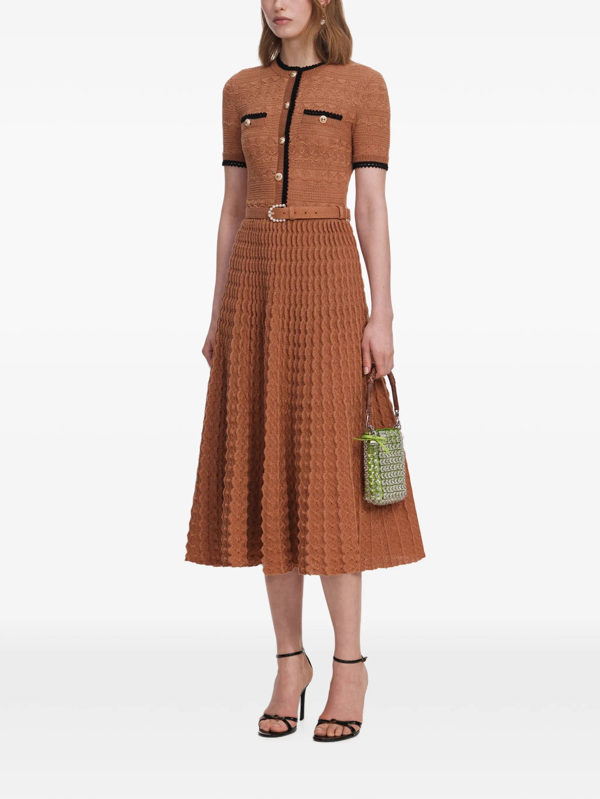 Self-Portrait brown pointelle - knit midi dress