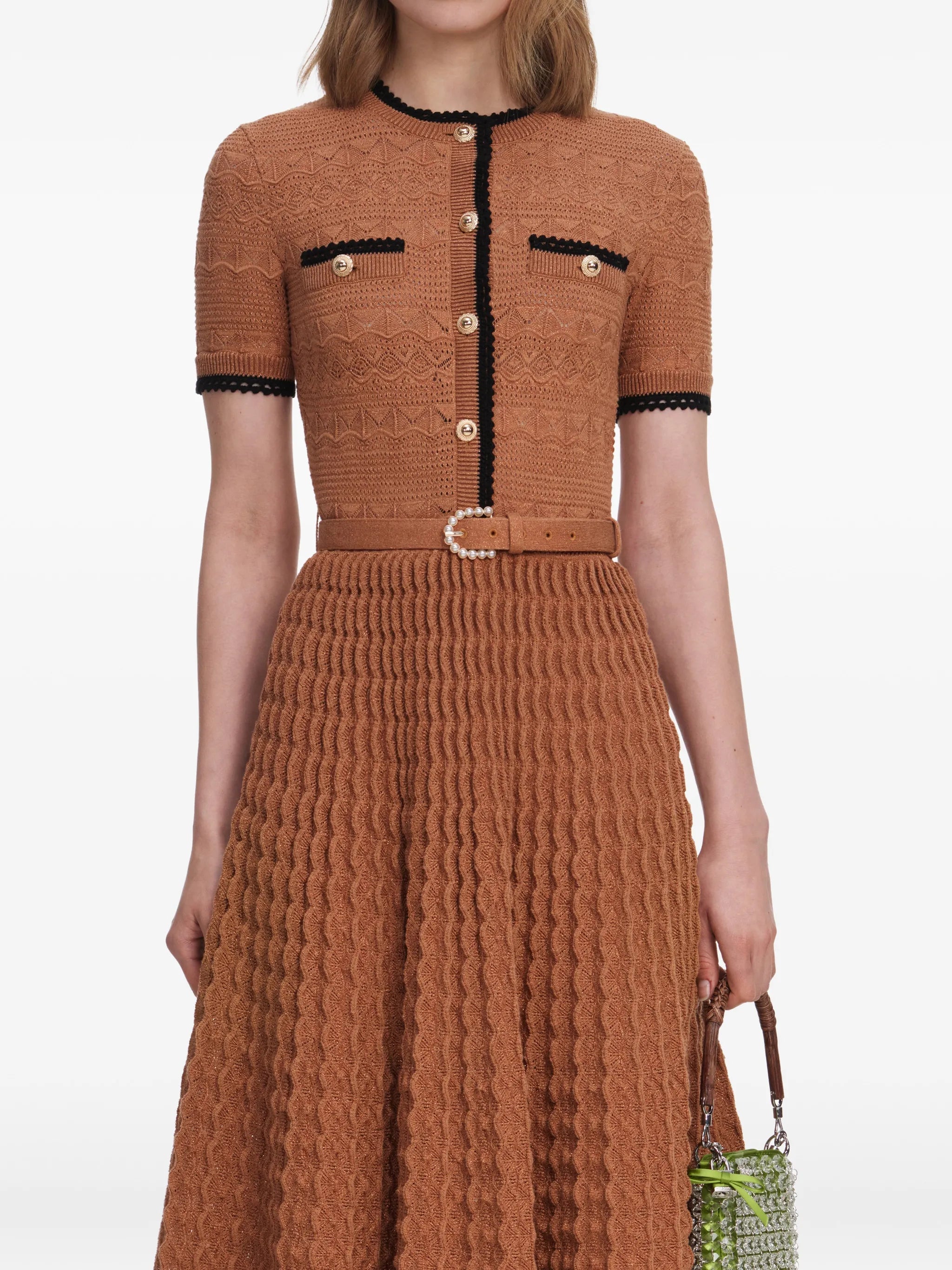 Self-Portrait brown pointelle - knit midi dress